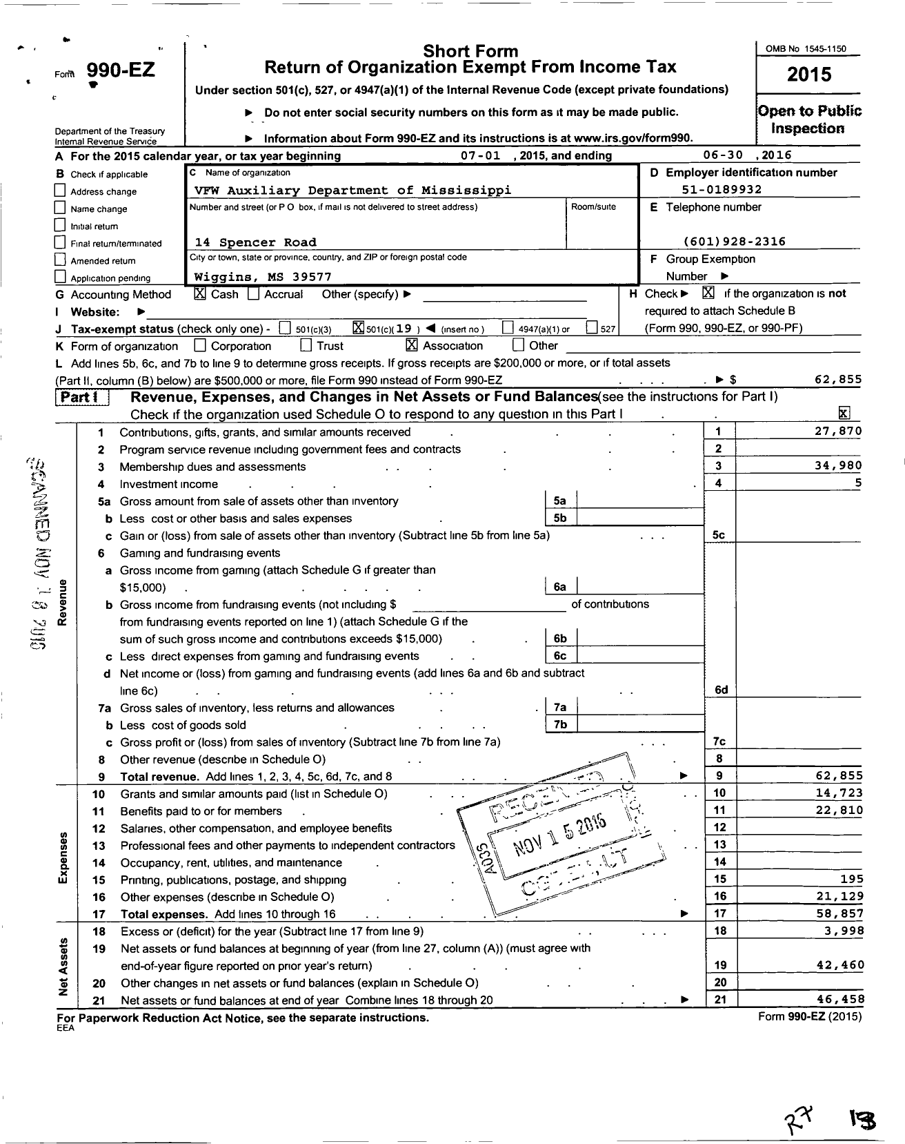 Image of first page of 2015 Form 990EO for VFW Auxiliary Department of Mississippi