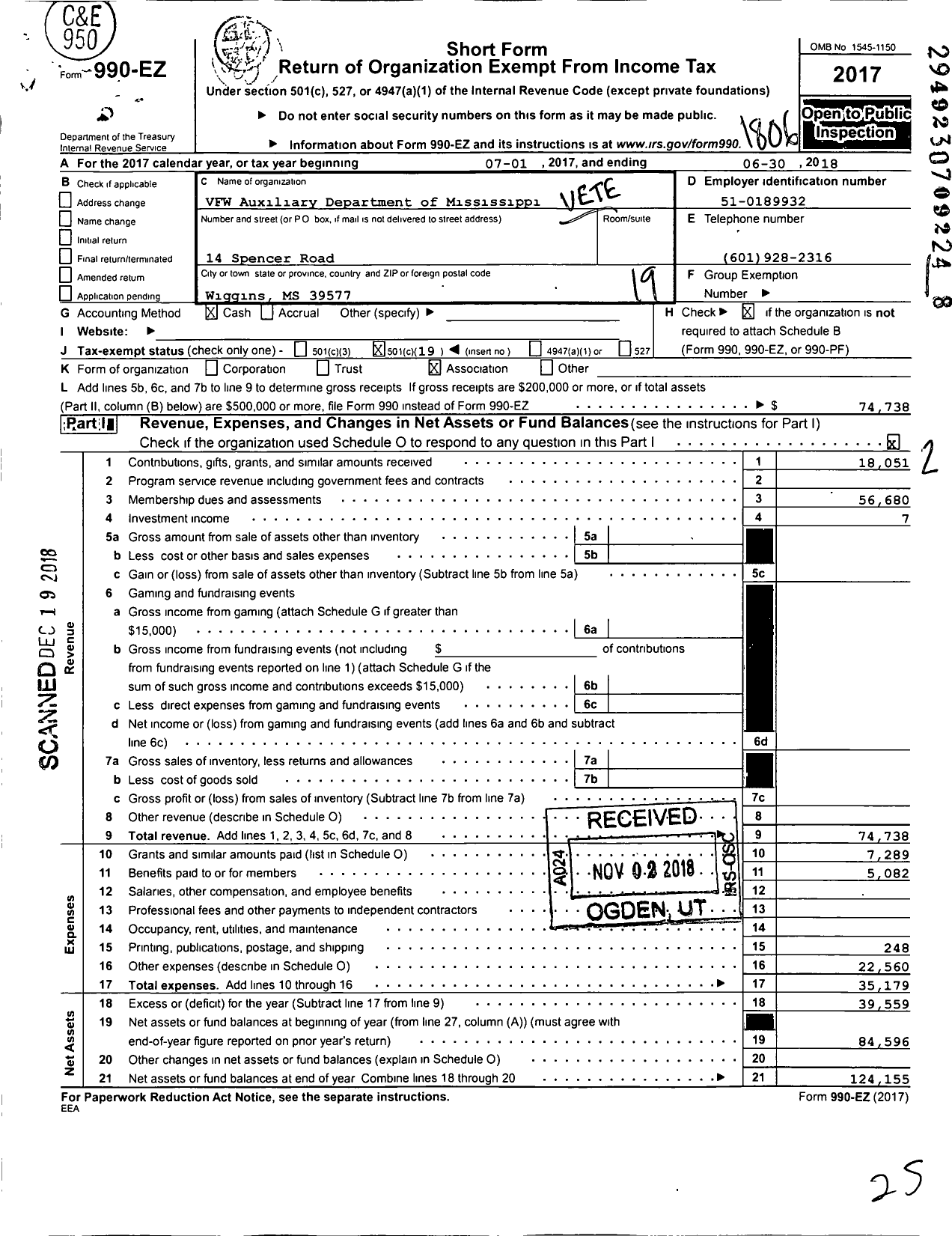 Image of first page of 2017 Form 990EO for VFW Auxiliary Department of Mississippi