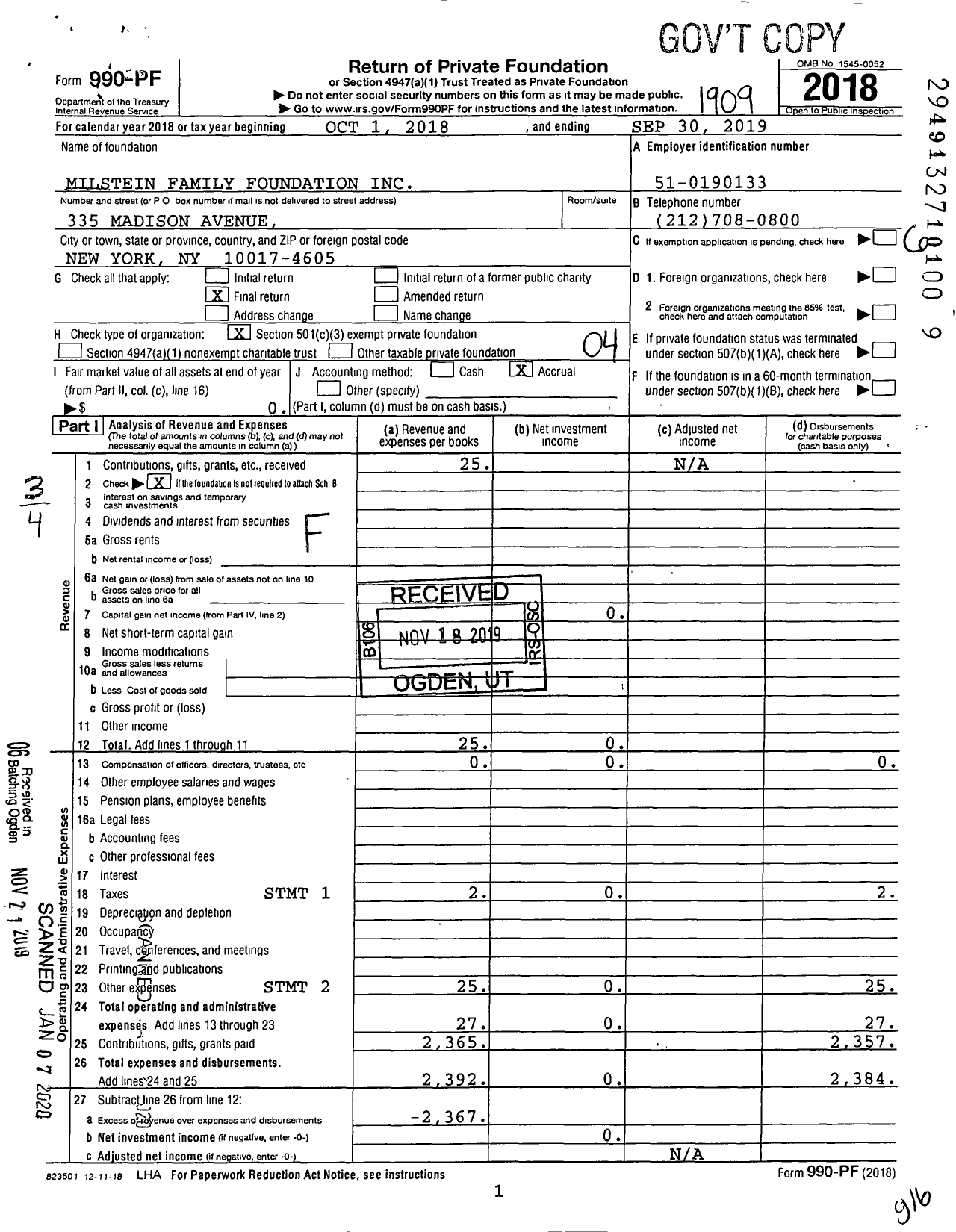 Image of first page of 2018 Form 990PF for Milstein Family Foundation