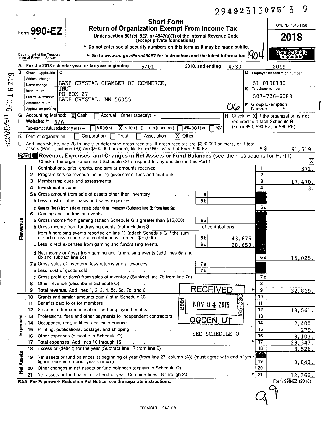 Image of first page of 2018 Form 990EO for Lake Crystal Chamber of Commerce