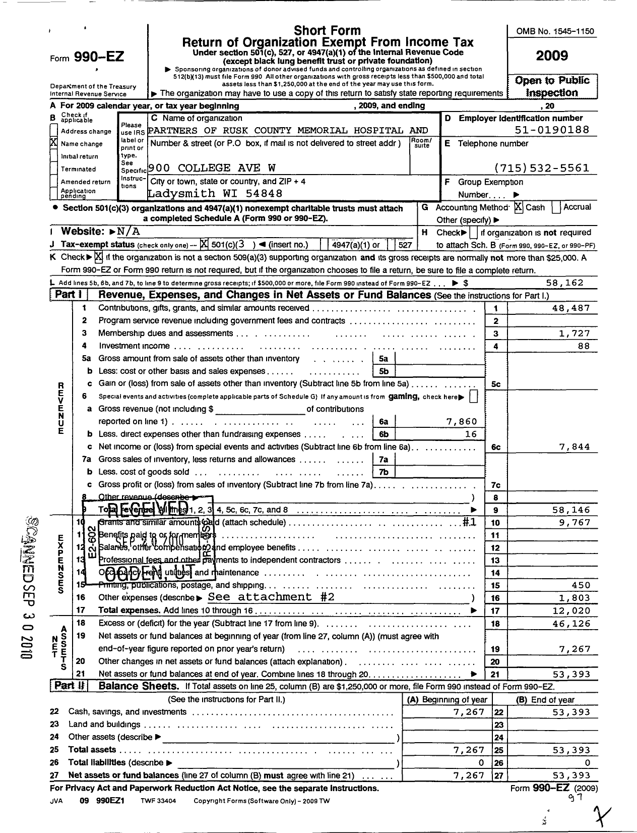 Image of first page of 2009 Form 990EZ for Partners of Marshfield Medical Center -ladysmith