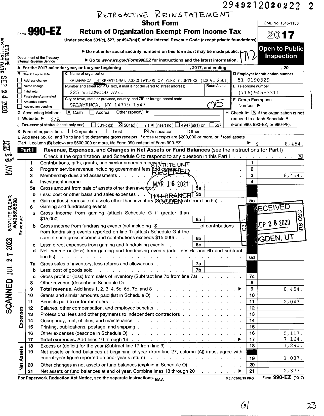 Image of first page of 2017 Form 990EO for Salamanca International Association of Fire Fighters