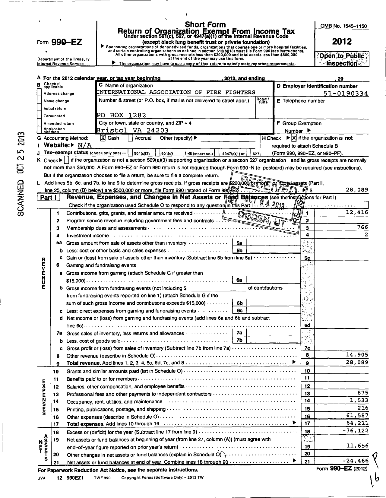 Image of first page of 2012 Form 990EO for International Association of Fire Fighters - L2499 Bristol