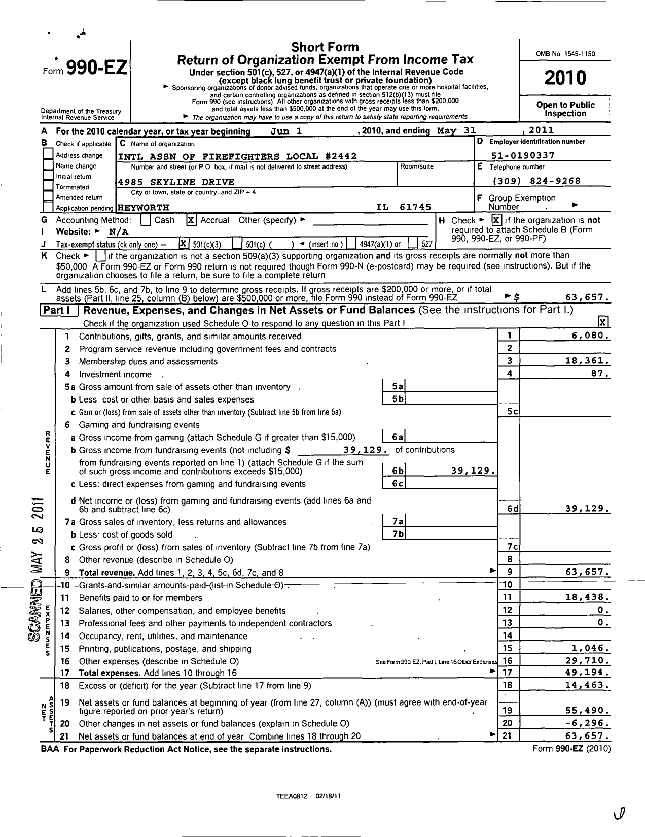 Image of first page of 2010 Form 990EZ for International Association of Firefighters Fighters L2442 Normal