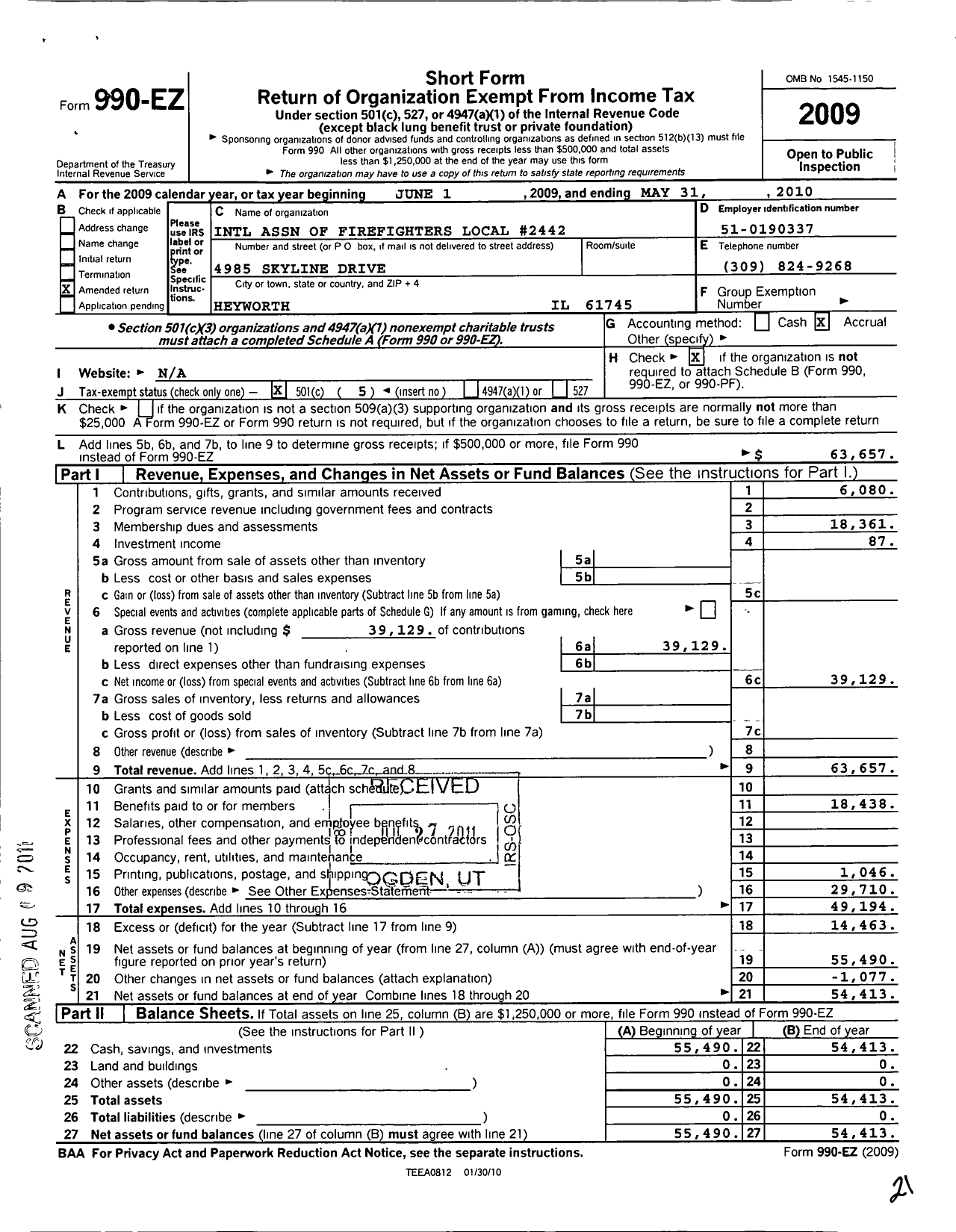 Image of first page of 2009 Form 990EO for International Association of Firefighters Fighters L2442 Normal