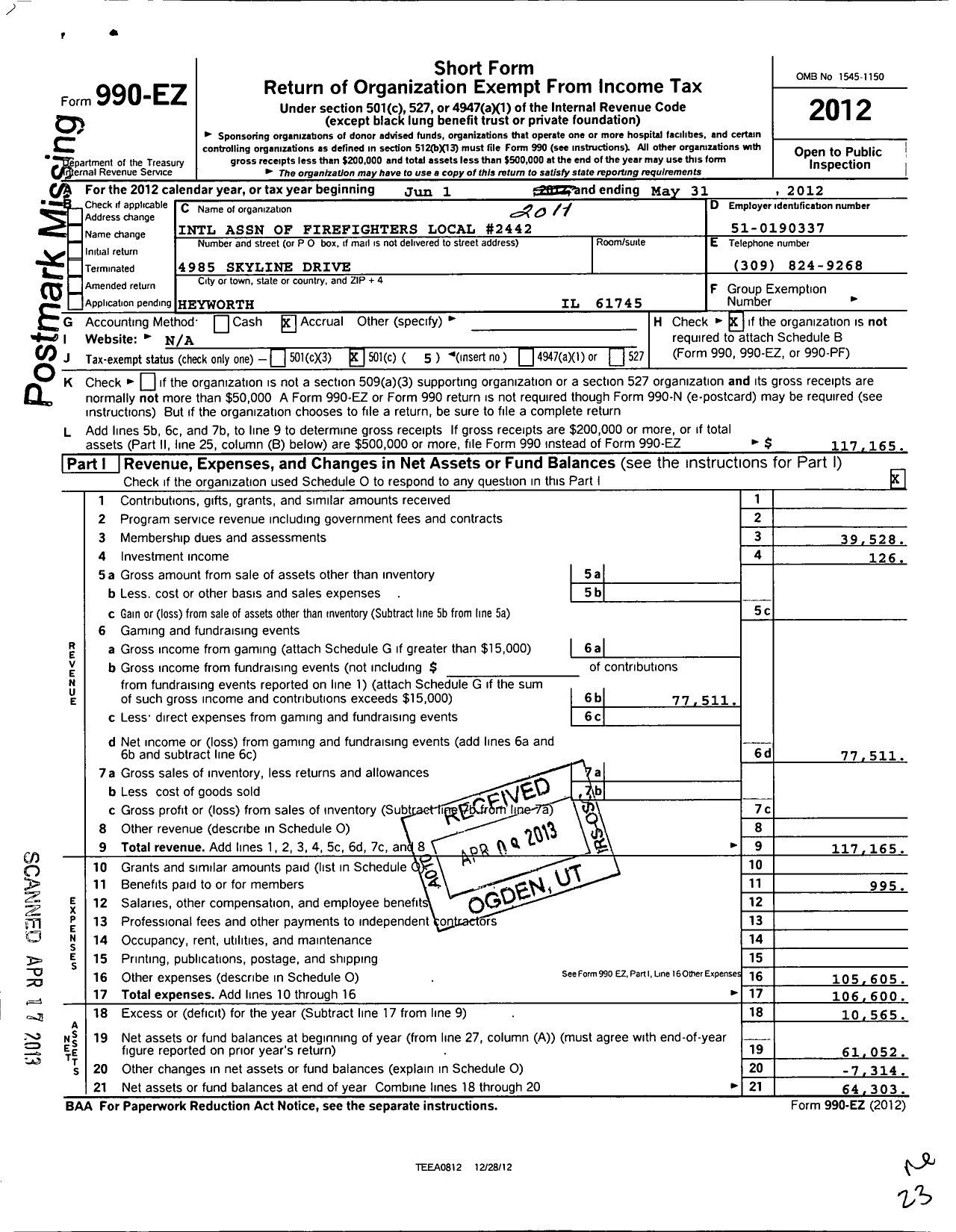 Image of first page of 2011 Form 990EO for International Association of Firefighters Fighters L2442 Normal