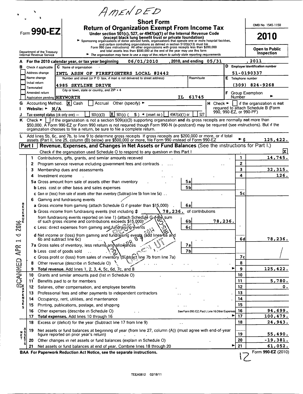 Image of first page of 2010 Form 990EO for International Association of Firefighters Fighters L2442 Normal