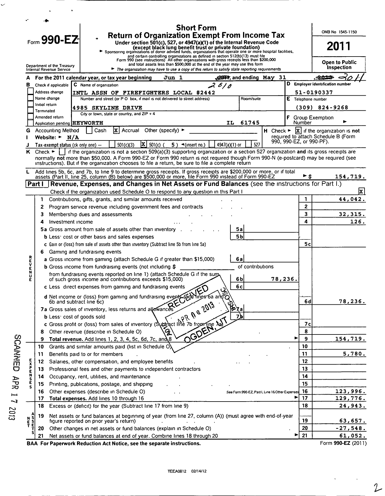 Image of first page of 2010 Form 990EO for International Association of Firefighters Fighters L2442 Normal