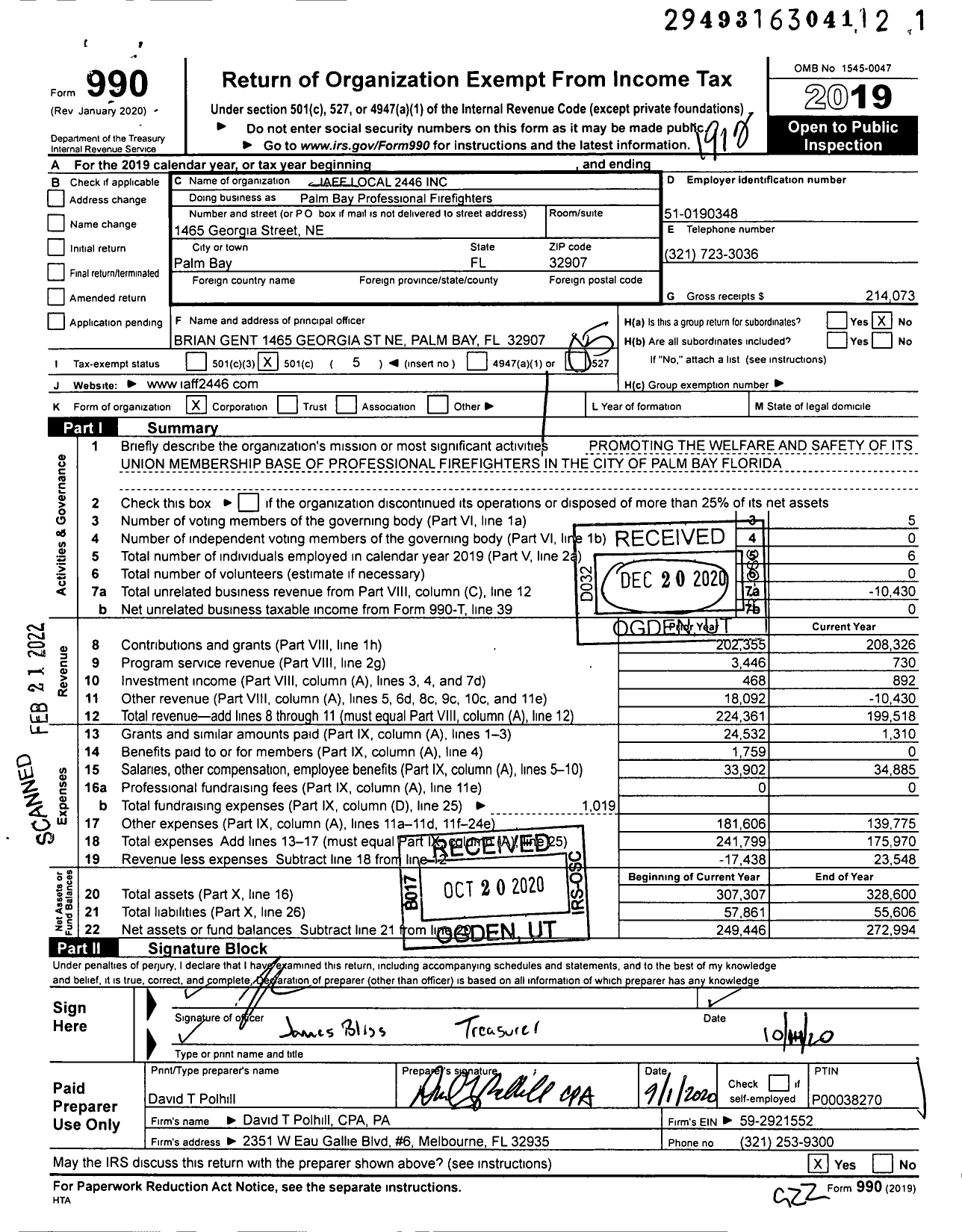 Image of first page of 2019 Form 990O for International Association of Fire Fighters - L2446 Palm Bay Prof Fire Fighters