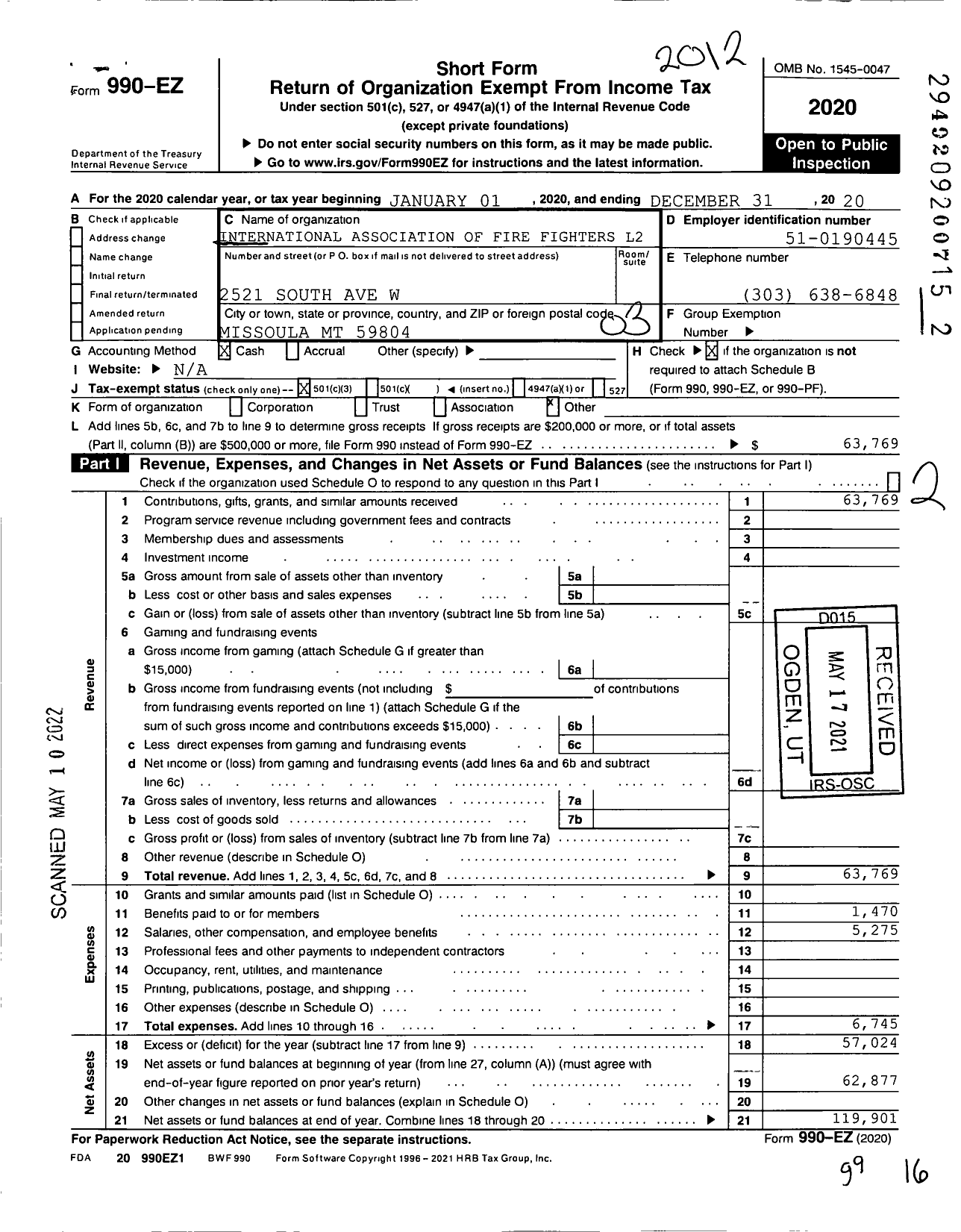 Image of first page of 2020 Form 990EZ for Local 2457 International Association of Firefighters Missoula Rural Fire District