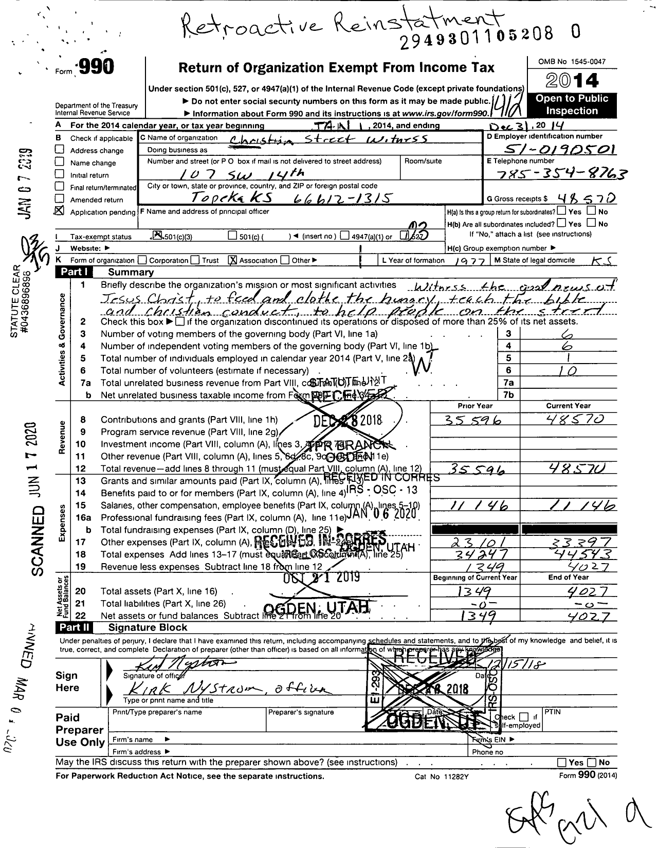 Image of first page of 2014 Form 990 for Christian Street Witness Association Incorporated