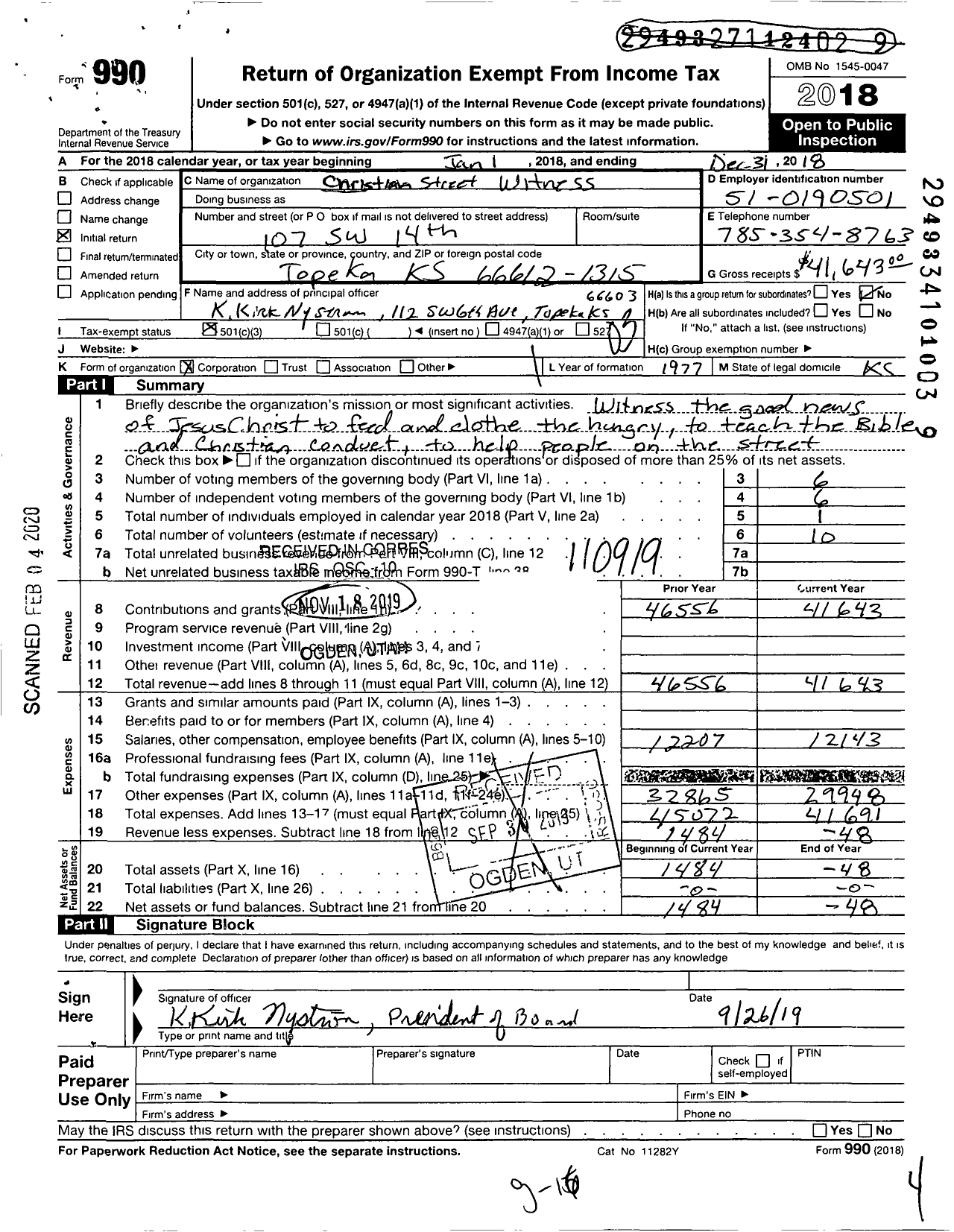 Image of first page of 2018 Form 990 for Christian Street Witness Association Incorporated