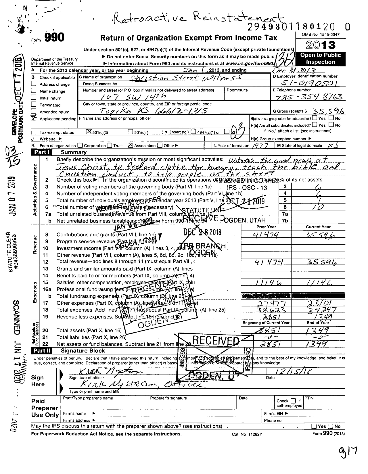 Image of first page of 2013 Form 990 for Christian Street Witness Association Incorporated