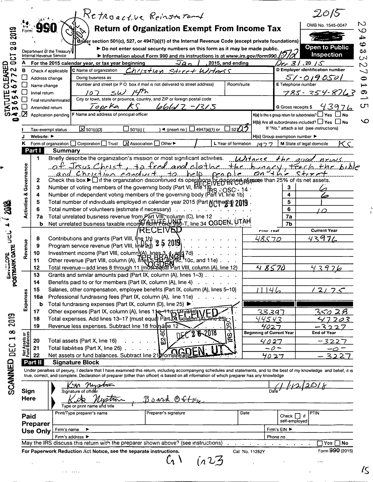 Image of first page of 2015 Form 990 for Christian Street Witness Association Incorporated