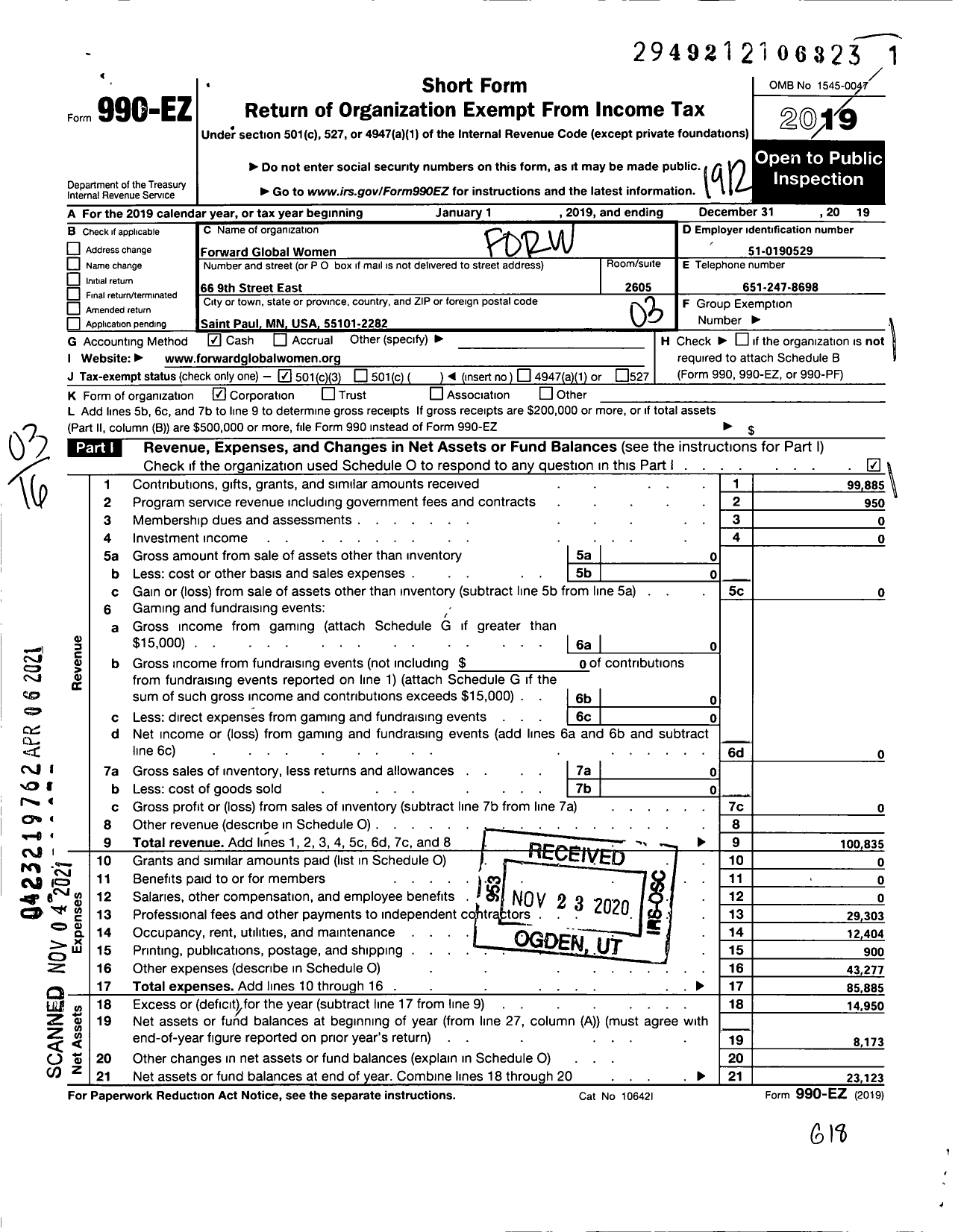 Image of first page of 2019 Form 990EZ for Forward Global Women