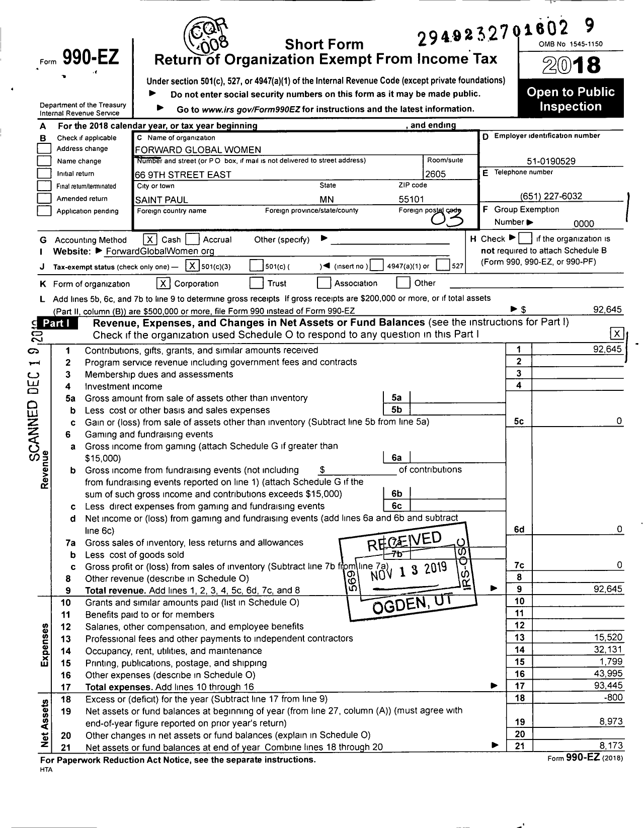 Image of first page of 2018 Form 990EZ for Forward Global Women