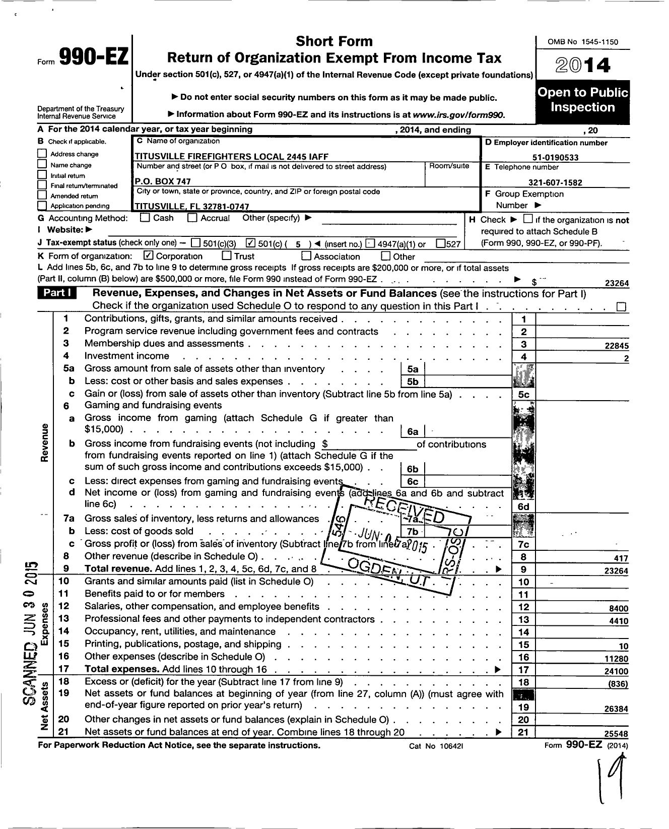 Image of first page of 2014 Form 990EO for International Association of Fire Fighters - 2445 Titusville Firefighters Local