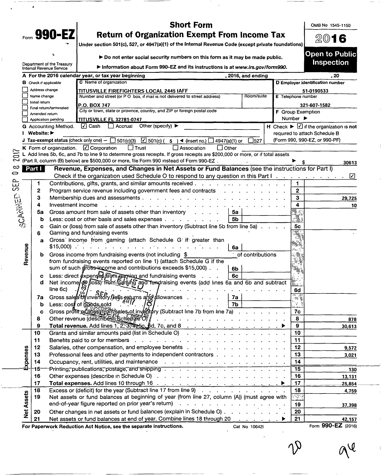 Image of first page of 2016 Form 990EO for International Association of Fire Fighters - 2445 Titusville Firefighters Local