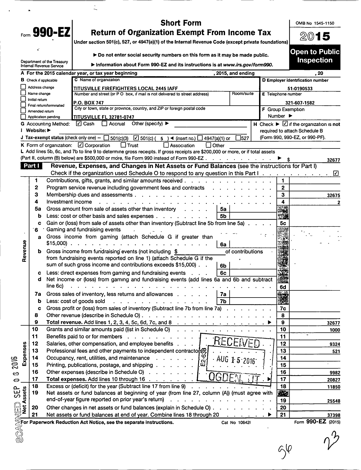 Image of first page of 2015 Form 990EO for International Association of Fire Fighters - 2445 Titusville Firefighters Local