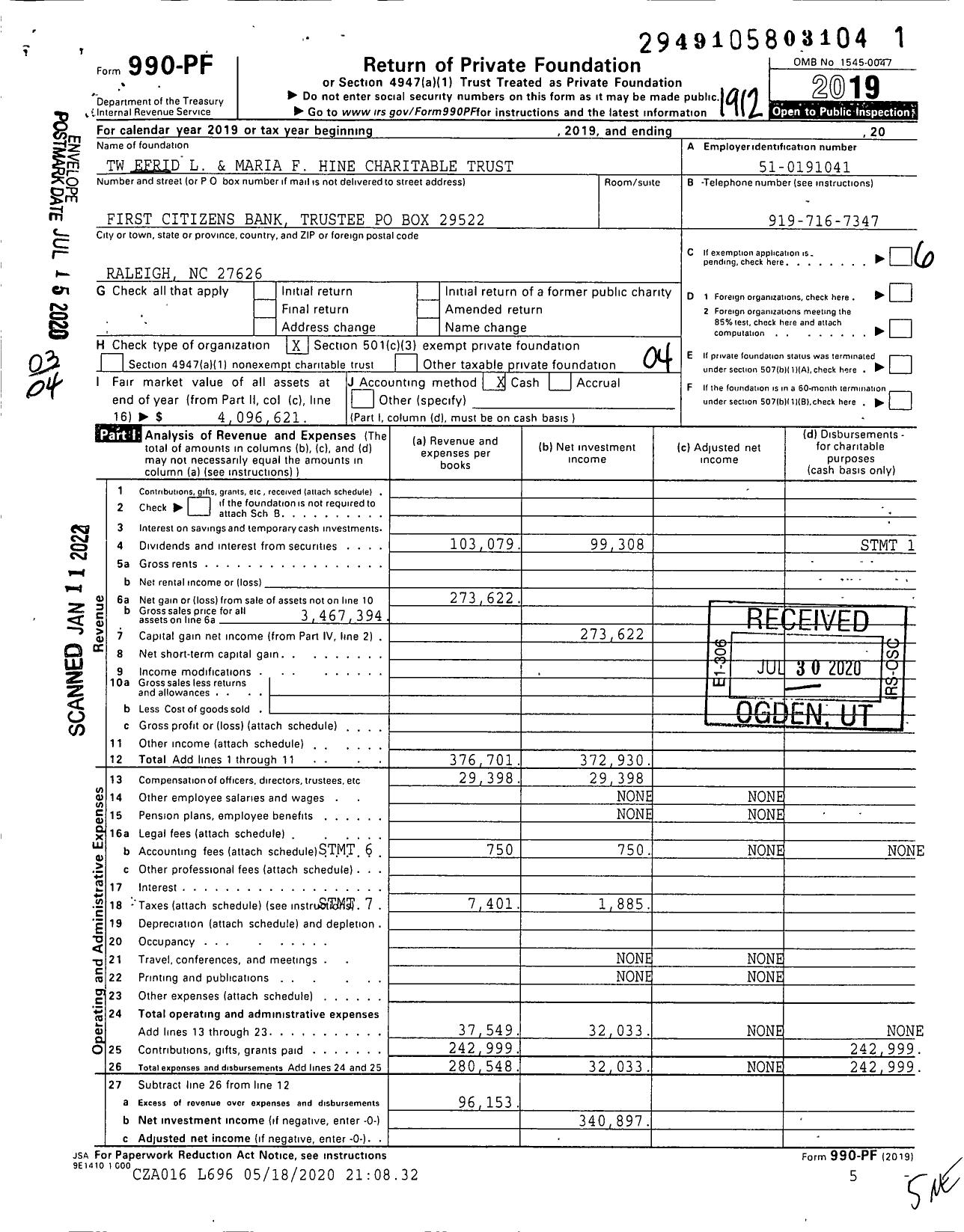 Image of first page of 2019 Form 990PF for TW Efird L and Maria F Hine Charitable Trust