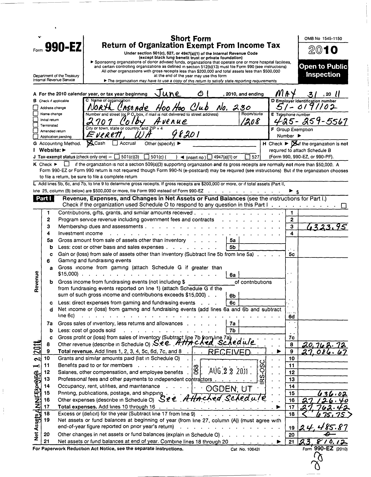 Image of first page of 2010 Form 990EO for North Cascade Hoo Hoo Club No 230