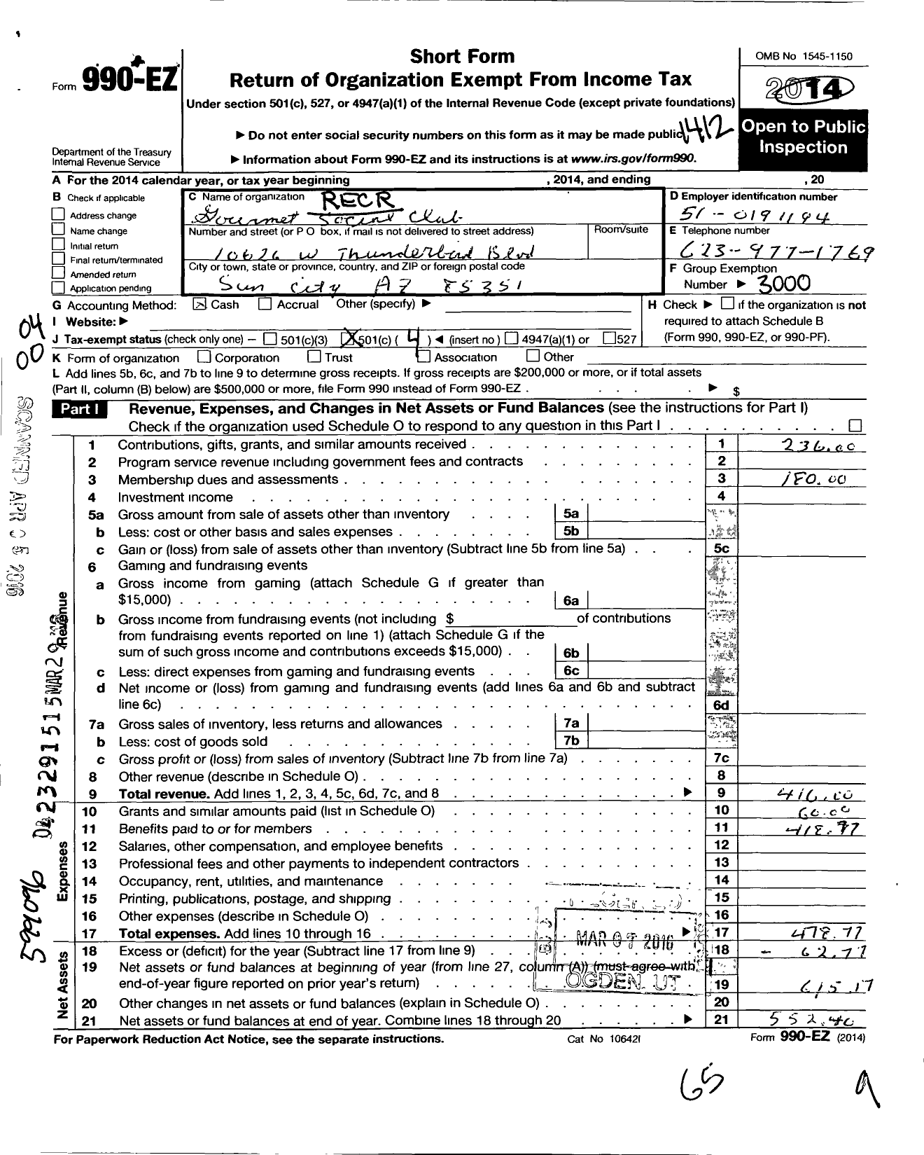 Image of first page of 2014 Form 990EO for Recreation Centers of Sun City / Food & Friends Social