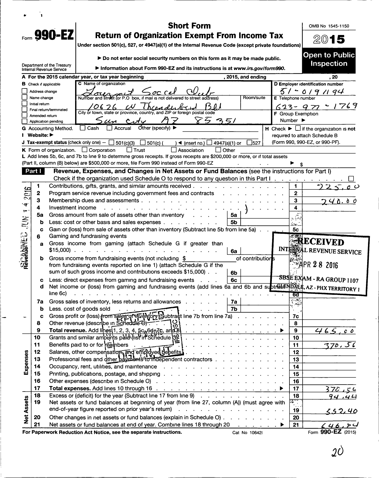 Image of first page of 2015 Form 990EO for Recreation Centers of Sun City / Food & Friends Social