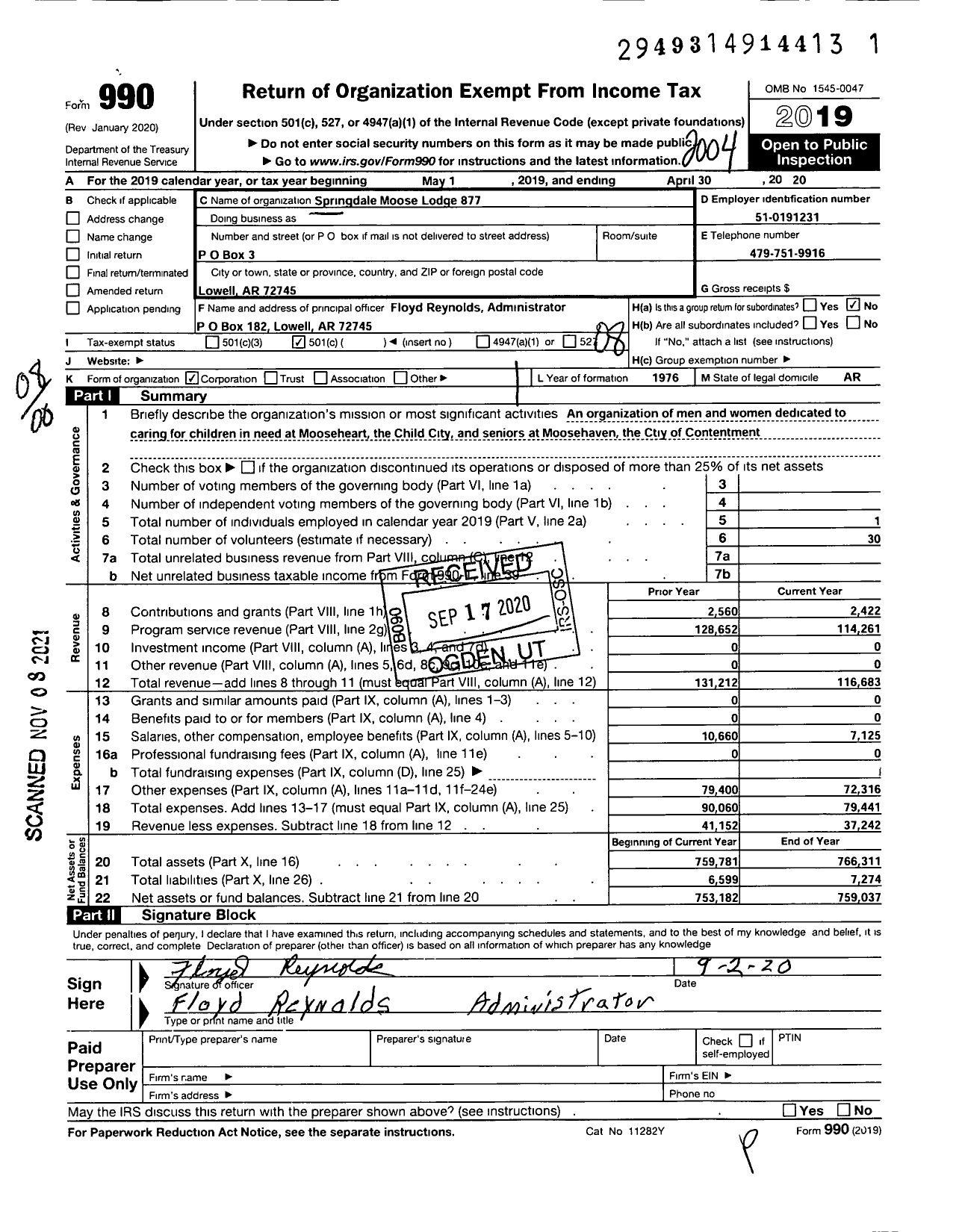 Image of first page of 2019 Form 990O for Loyal Order of Moose - 0877