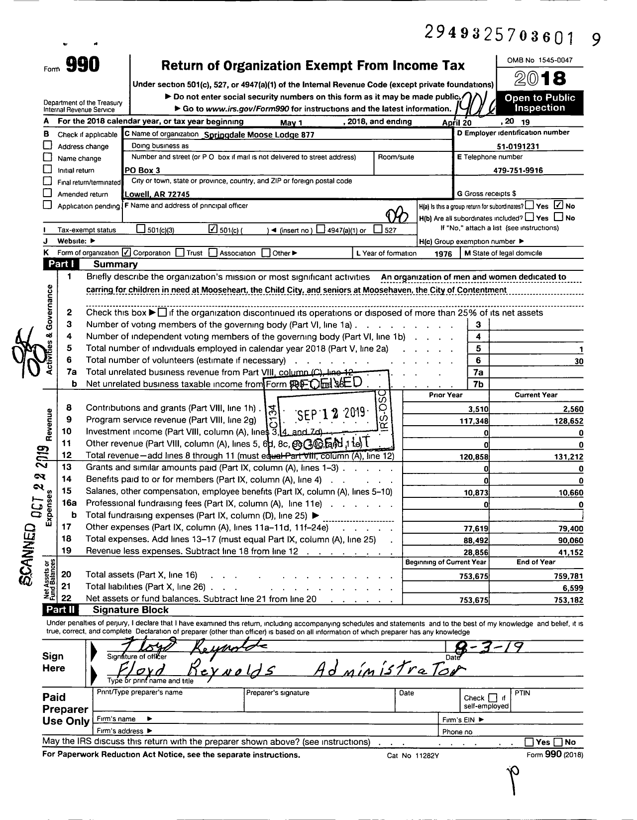 Image of first page of 2018 Form 990O for Loyal Order of Moose - 0877