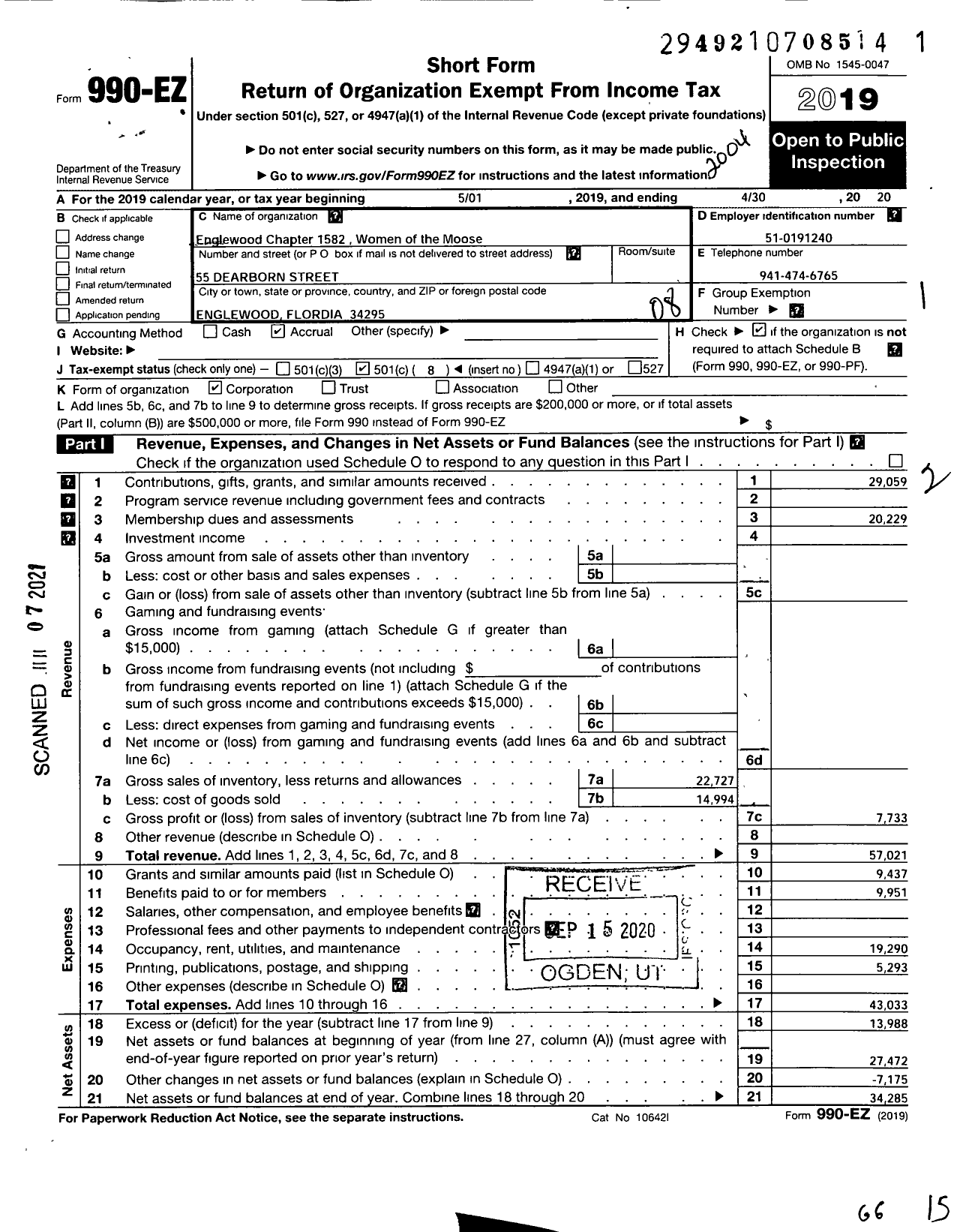 Image of first page of 2019 Form 990EO for Loyal Order of Moose - 1582