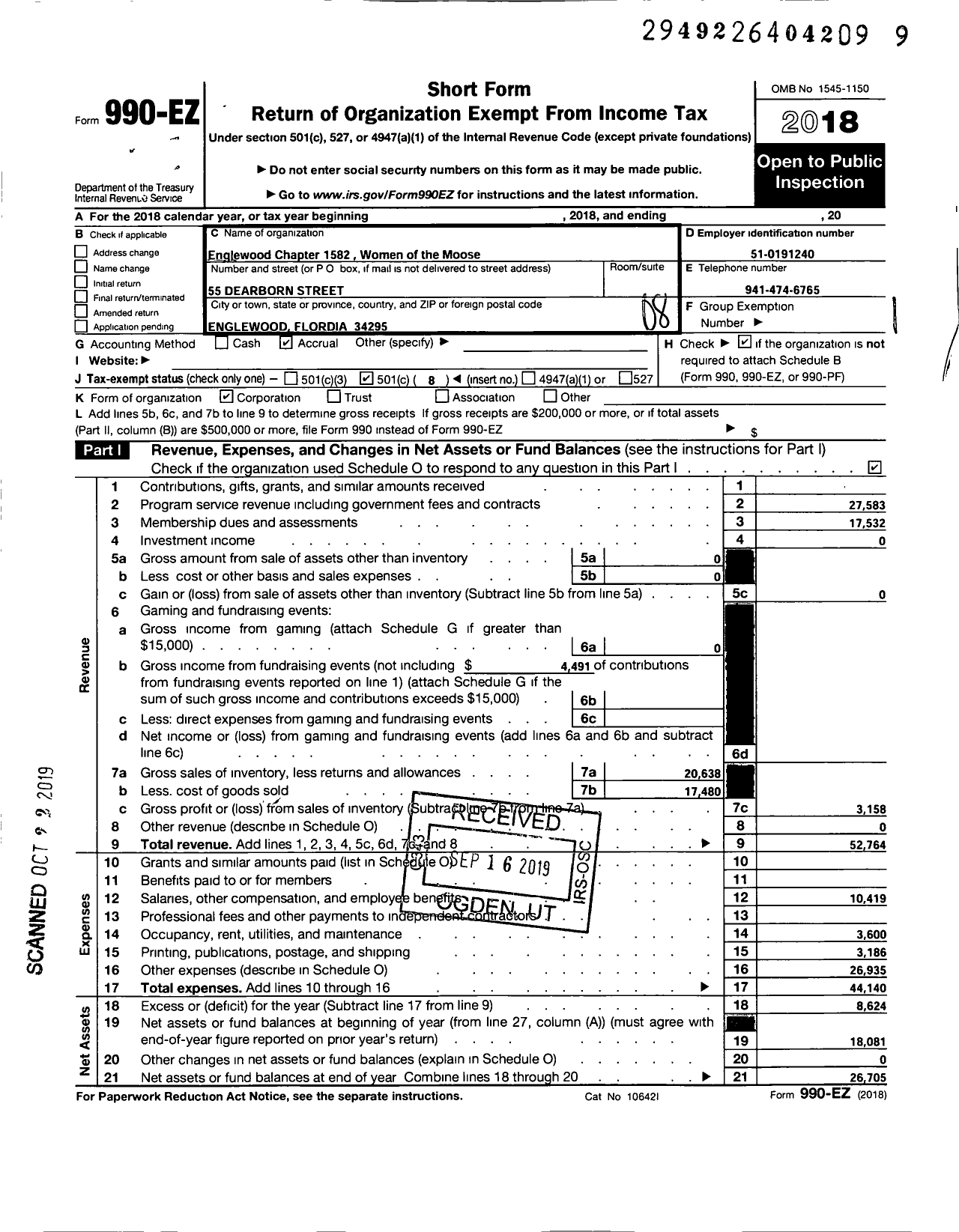 Image of first page of 2018 Form 990EO for Loyal Order of Moose - 1582