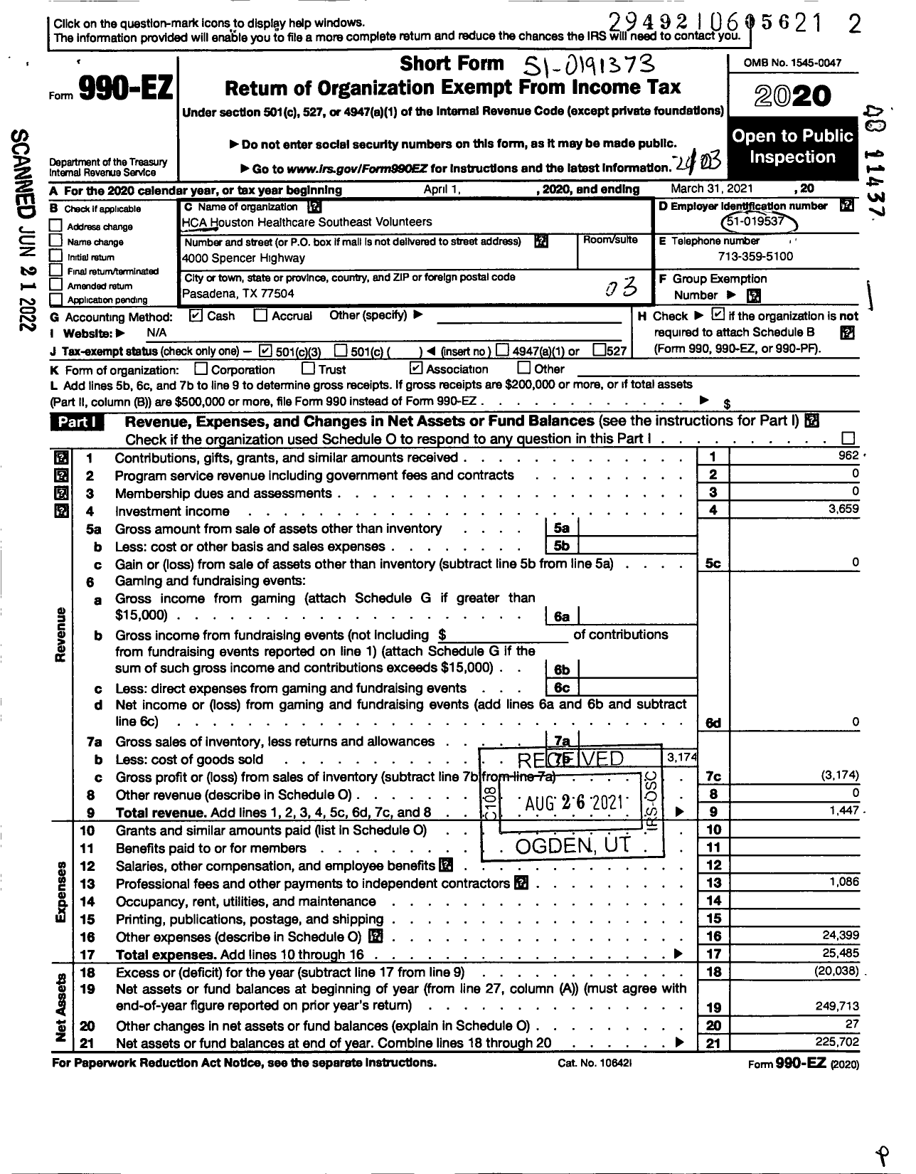 Image of first page of 2020 Form 990EZ for Hca Houston Healthcare Southeast Volunteers