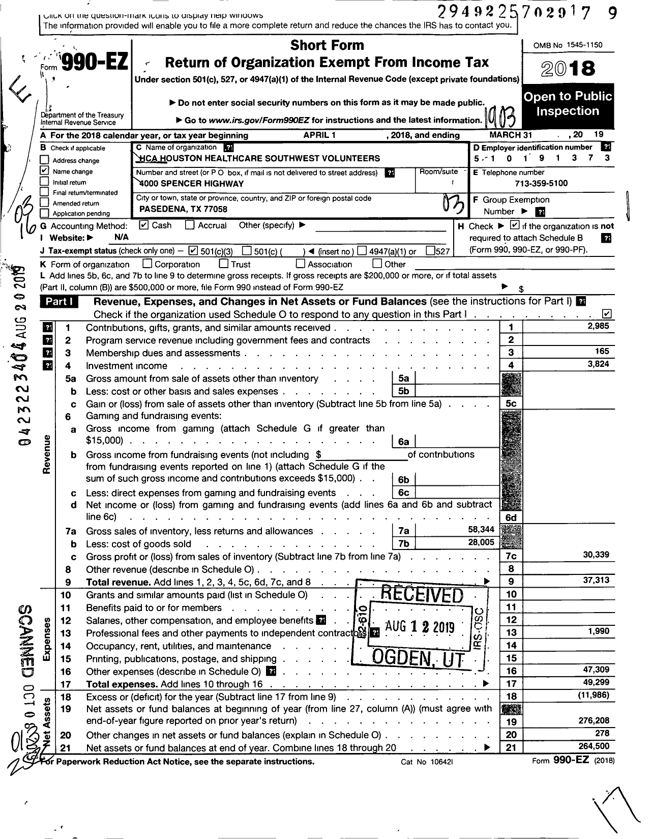 Image of first page of 2018 Form 990EZ for Hca Houston Healthcare Southwest Volunteers
