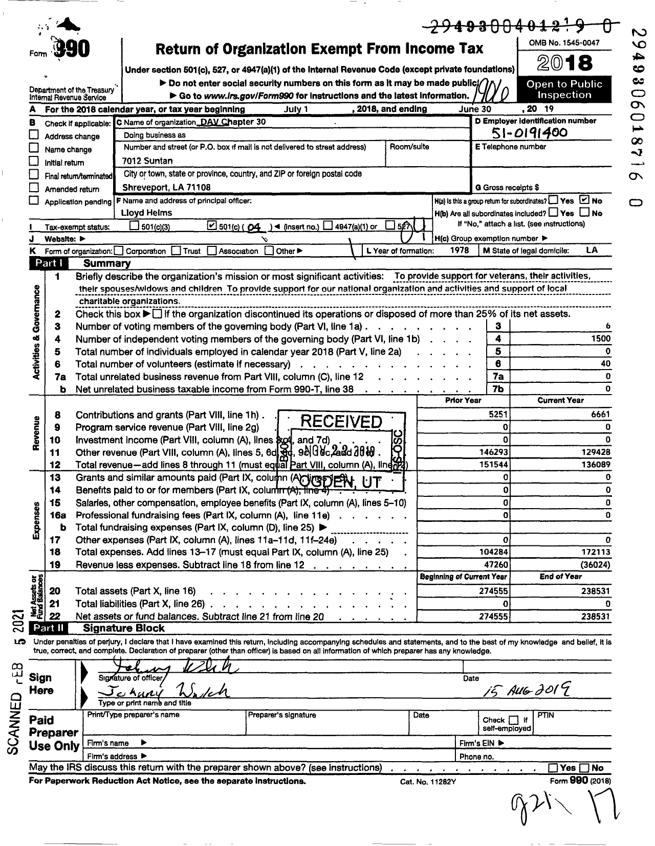 Image of first page of 2018 Form 990O for Disabled American Veterans - 30 SHRVPRT Bossier