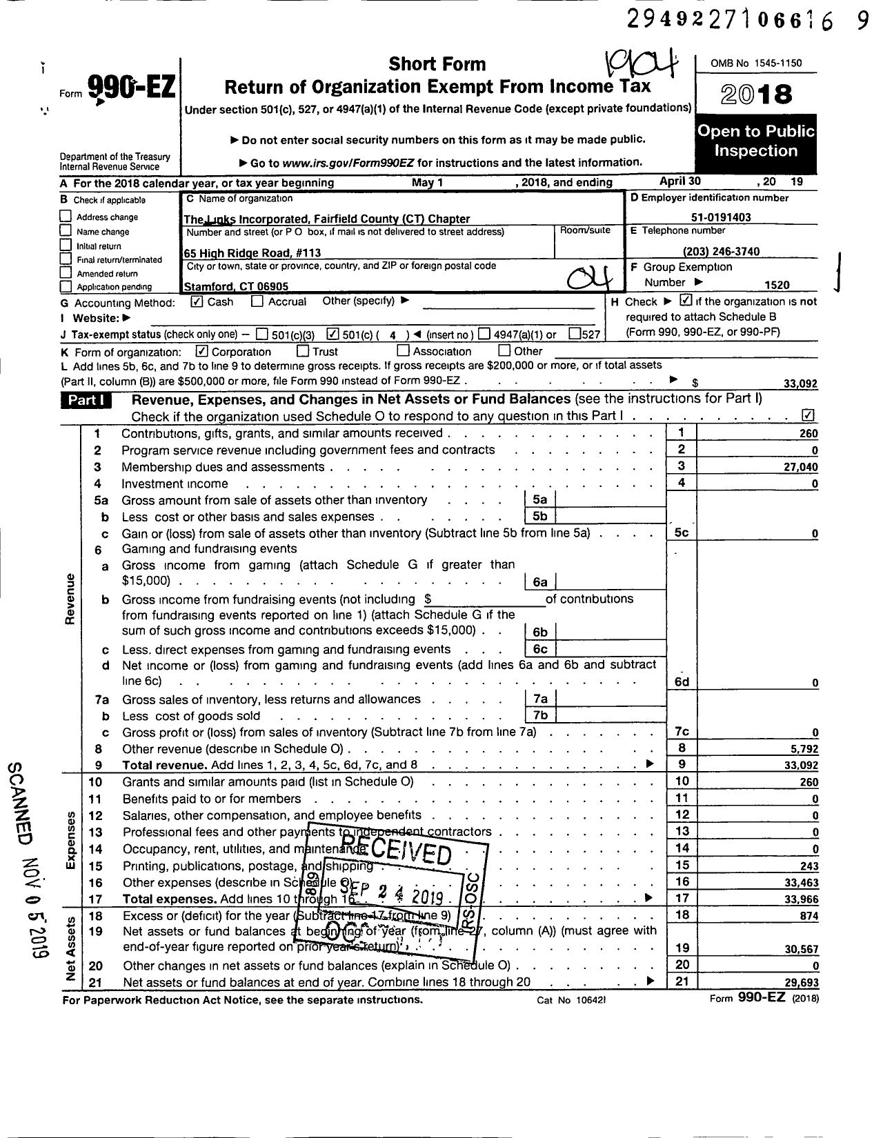 Image of first page of 2018 Form 990EO for Links Incorporated / Fairfield County Chapter