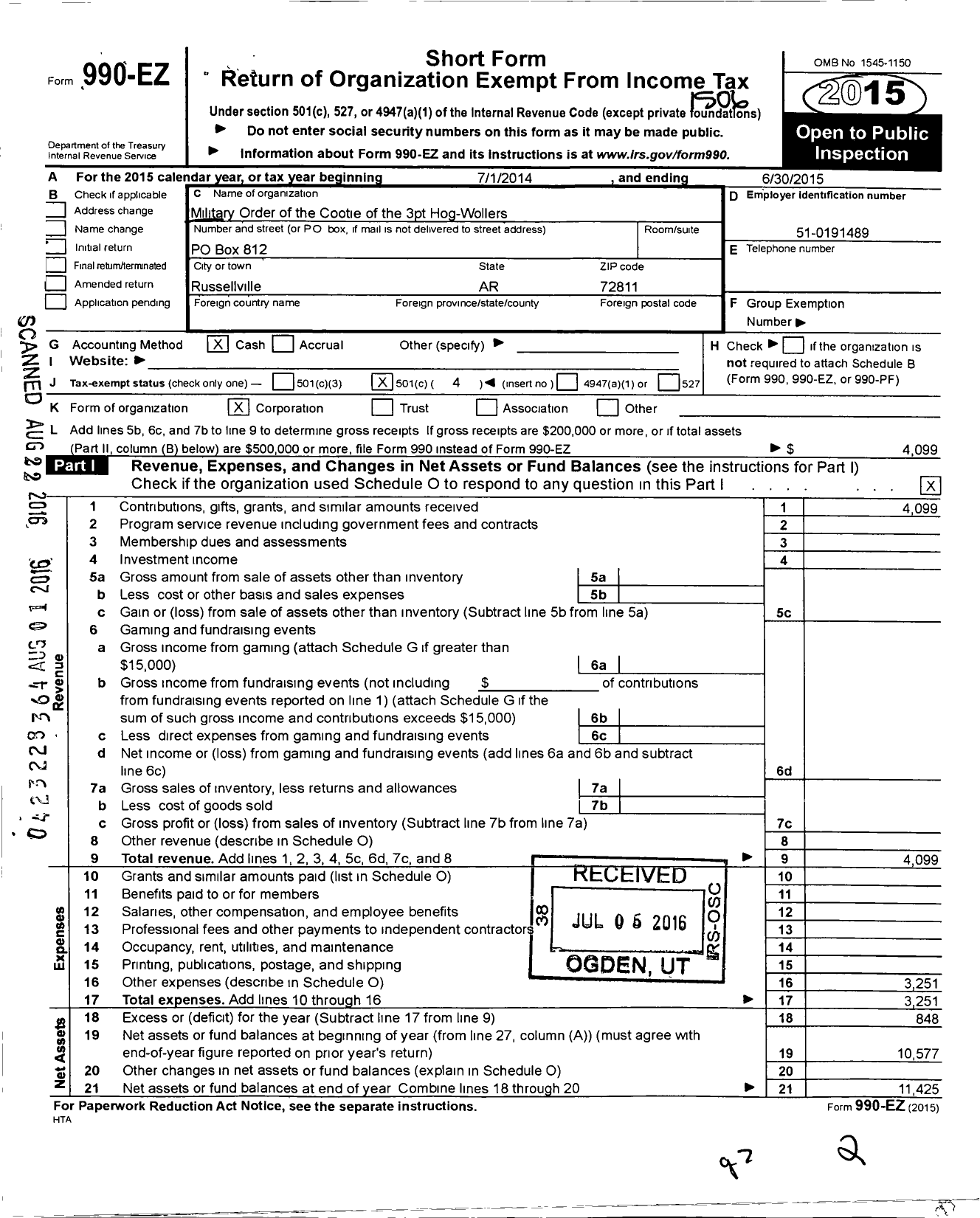 Image of first page of 2014 Form 990EO for Military Order of the Cootie of the Us - 3 PT Hog-Wollers