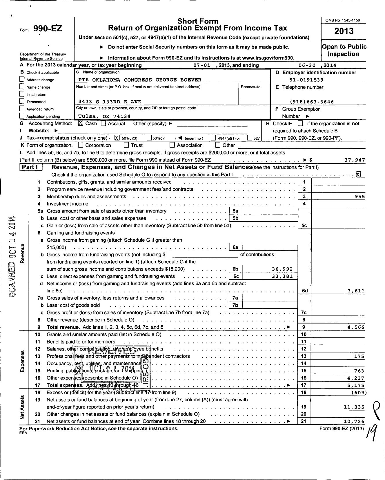 Image of first page of 2013 Form 990EZ for PTA Oklahoma Congress / George F Boevers Elementary