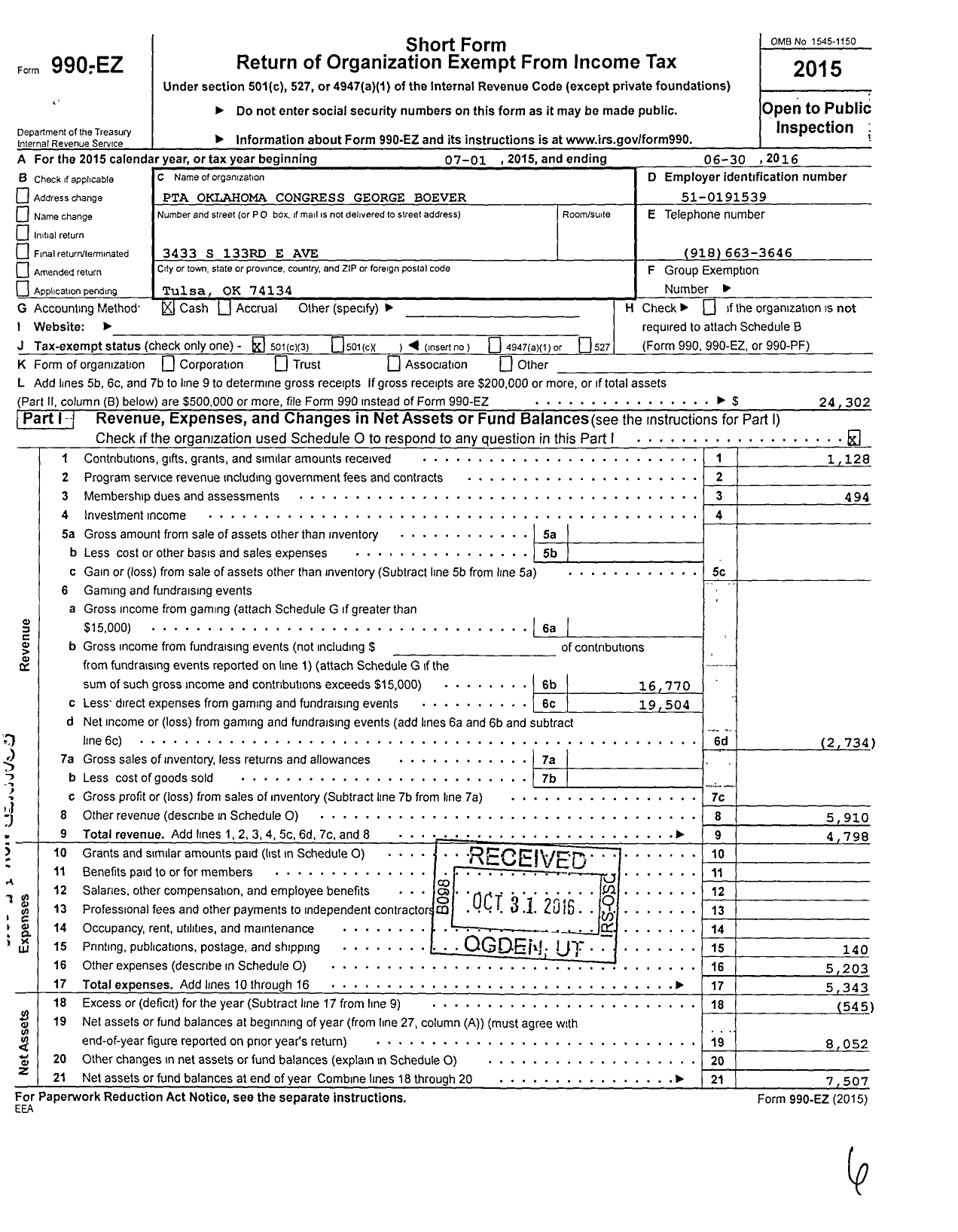 Image of first page of 2015 Form 990EZ for PTA Oklahoma Congress / George F Boevers Elementary