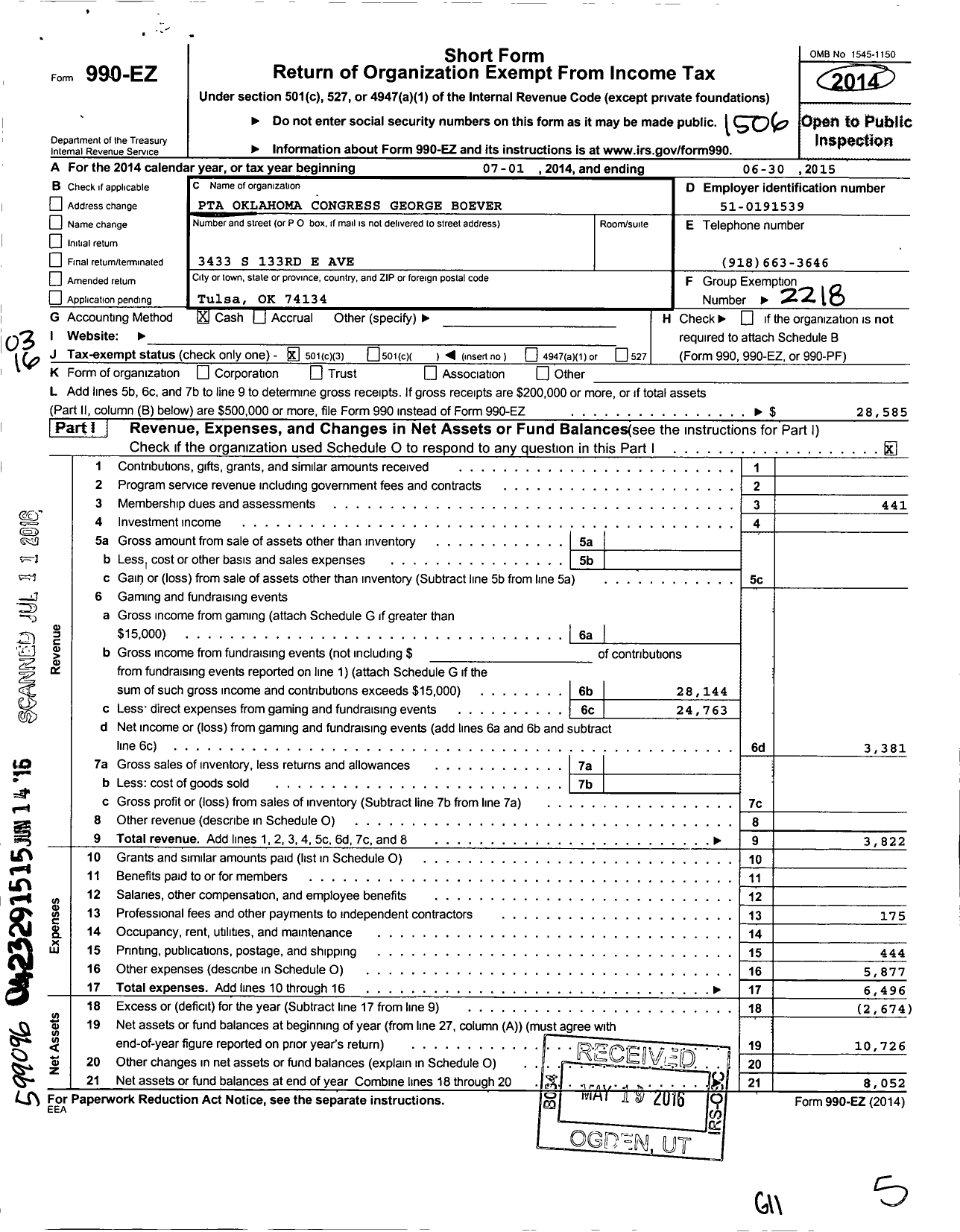 Image of first page of 2014 Form 990EZ for PTA Oklahoma Congress / George F Boevers Elementary