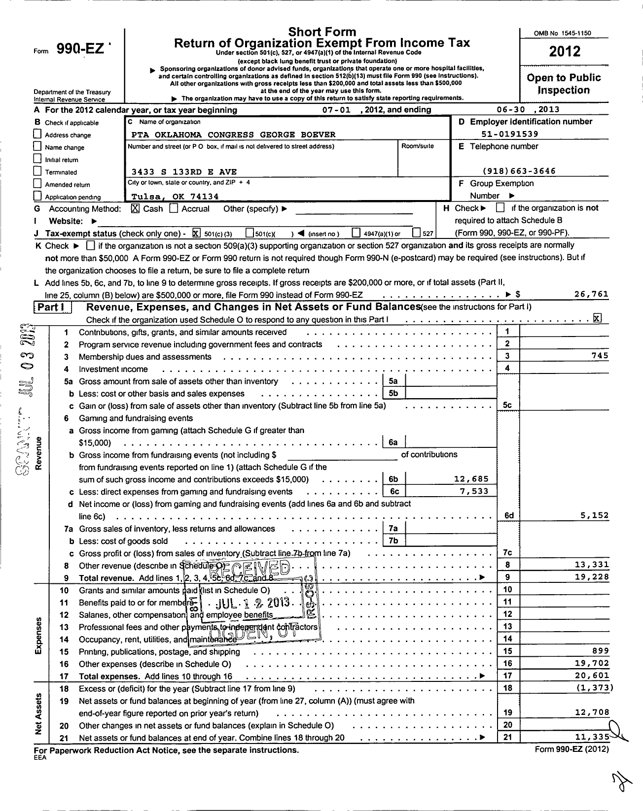 Image of first page of 2012 Form 990EZ for PTA Oklahoma Congress / George F Boevers Elementary