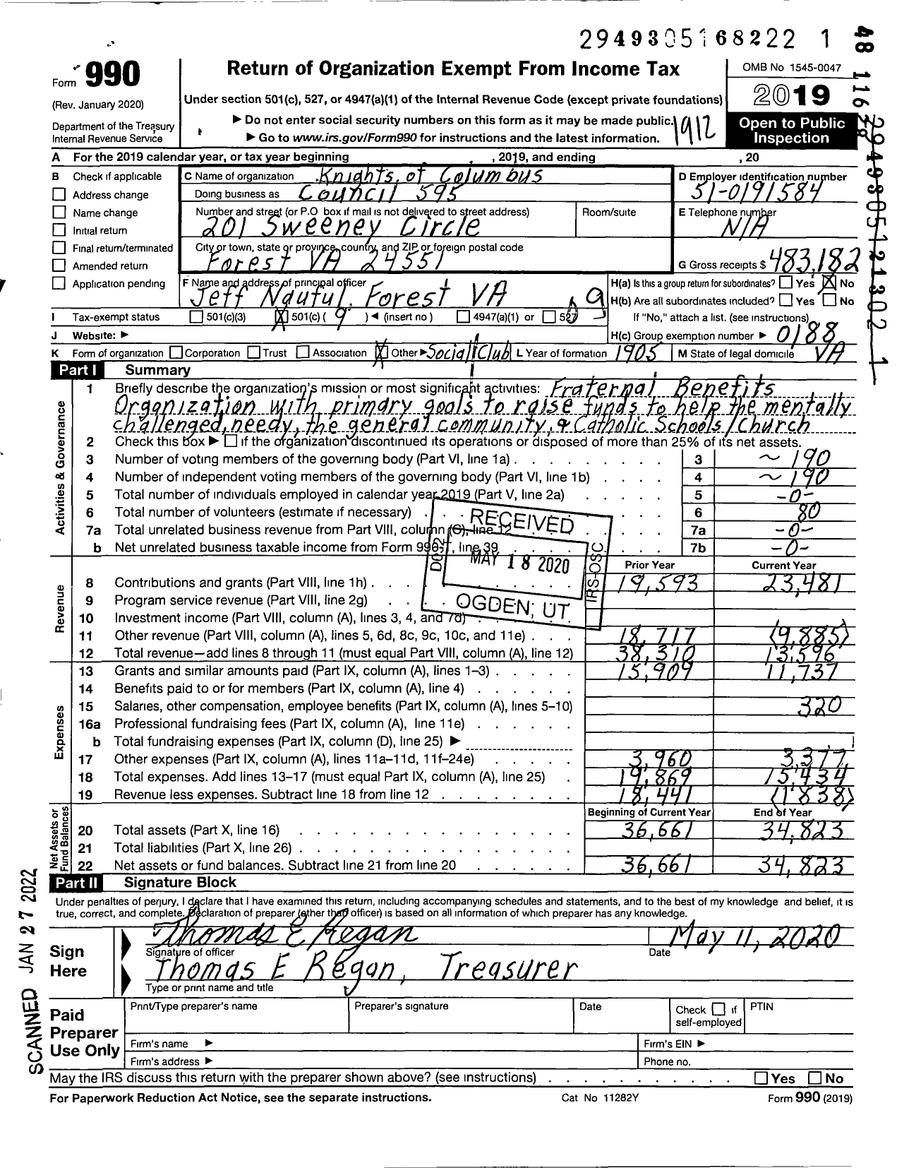 Image of first page of 2019 Form 990O for KNIGHTS OF COLUMBUS - 595 Holy Cross Council