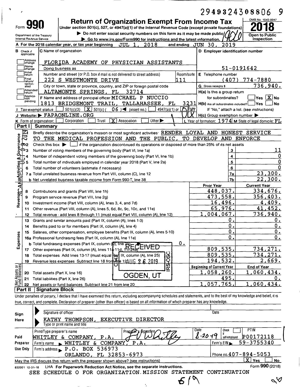 Image of first page of 2018 Form 990O for Florida Academy of Physician Assistants