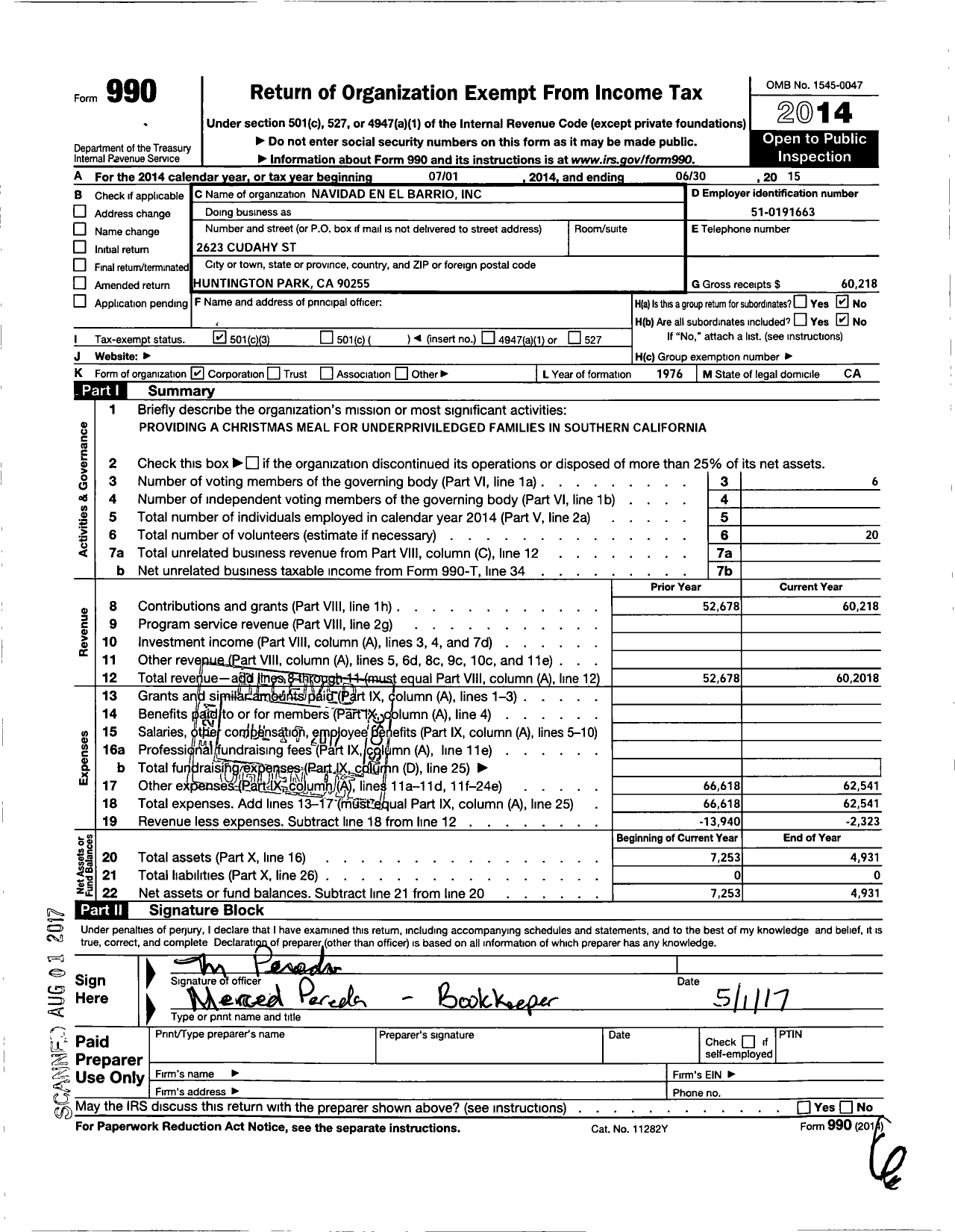 Image of first page of 2014 Form 990 for Navidad En El Barrio