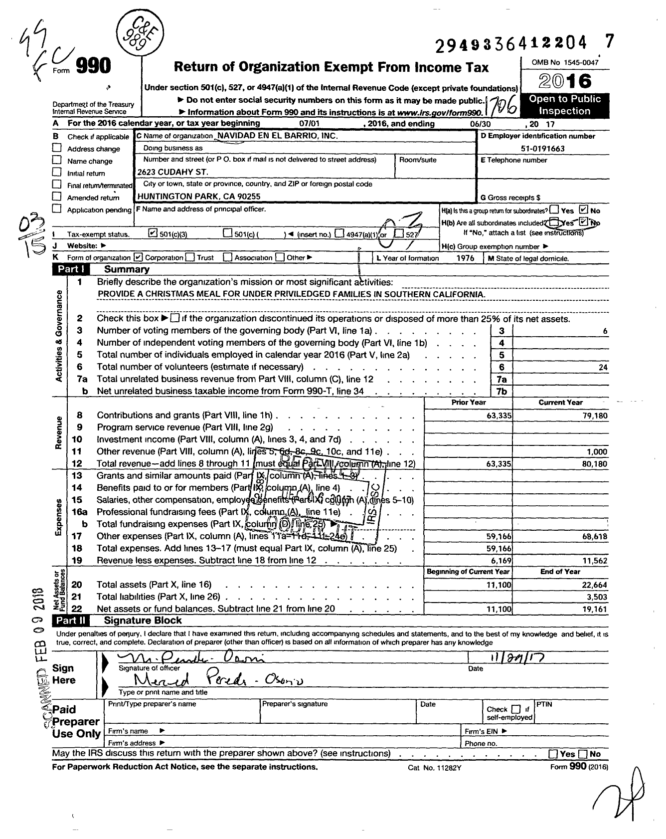 Image of first page of 2016 Form 990 for Navidad En El Barrio