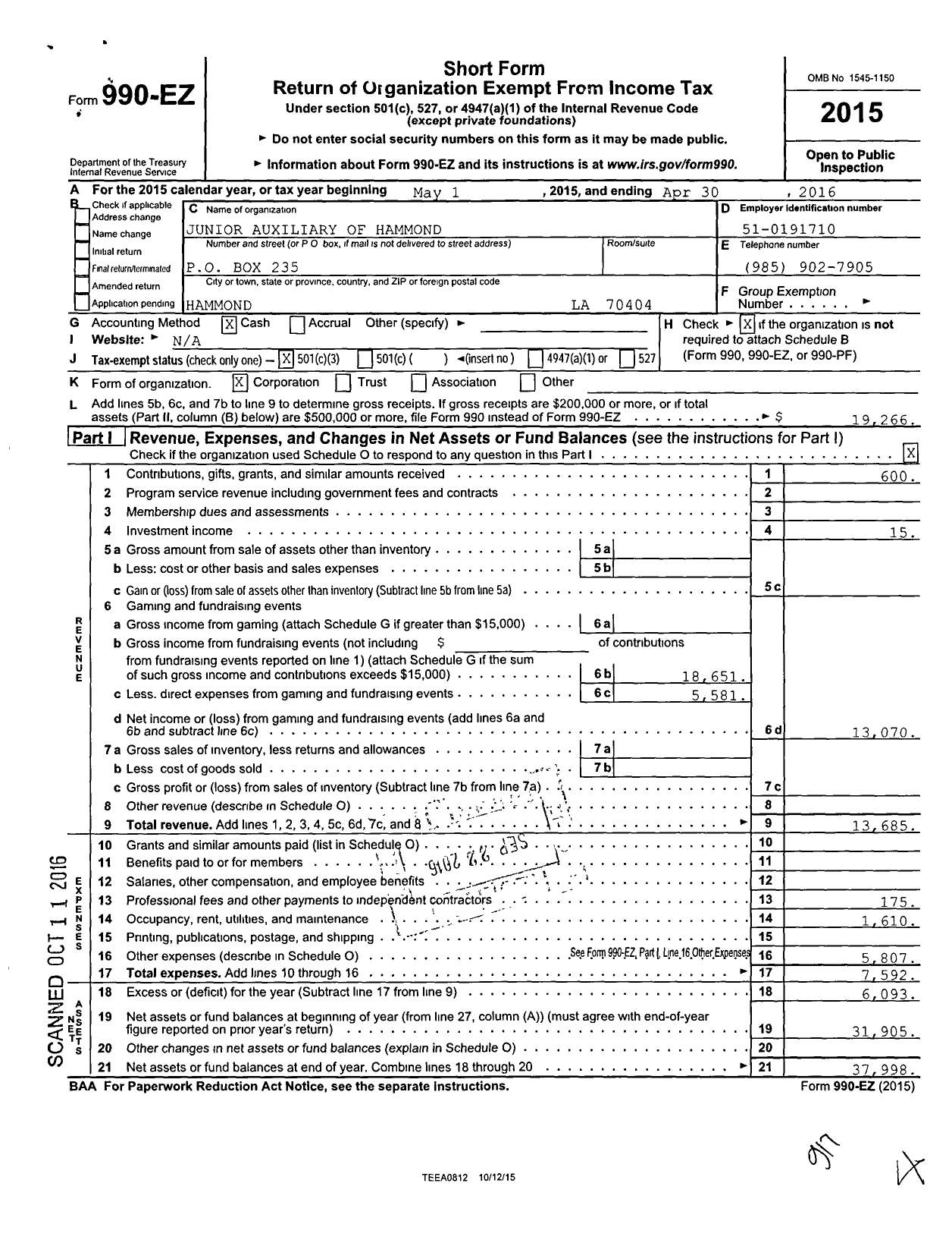 Image of first page of 2015 Form 990EZ for Junior Auxiliary of Tangipahoa