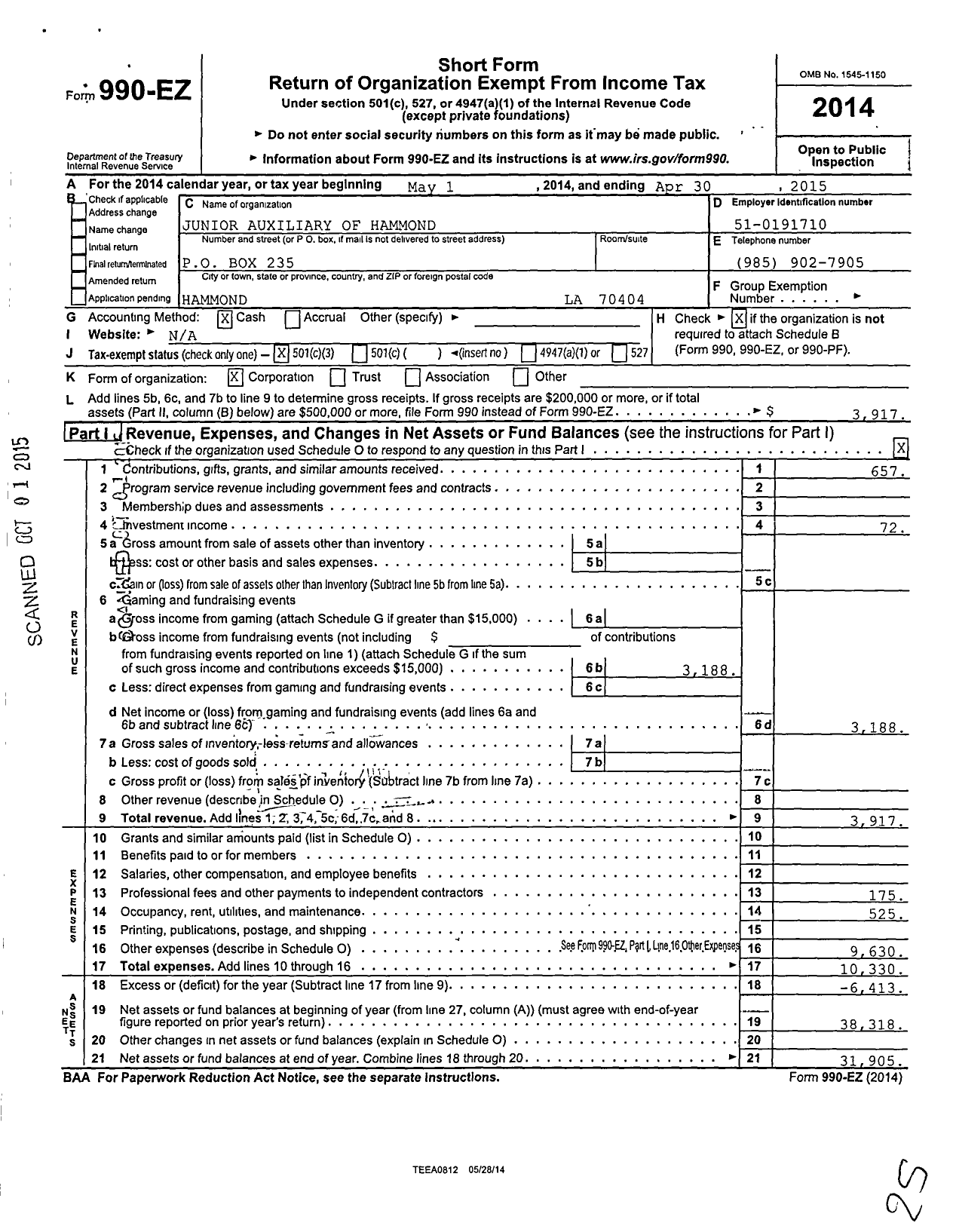 Image of first page of 2014 Form 990EZ for Junior Auxiliary of Tangipahoa