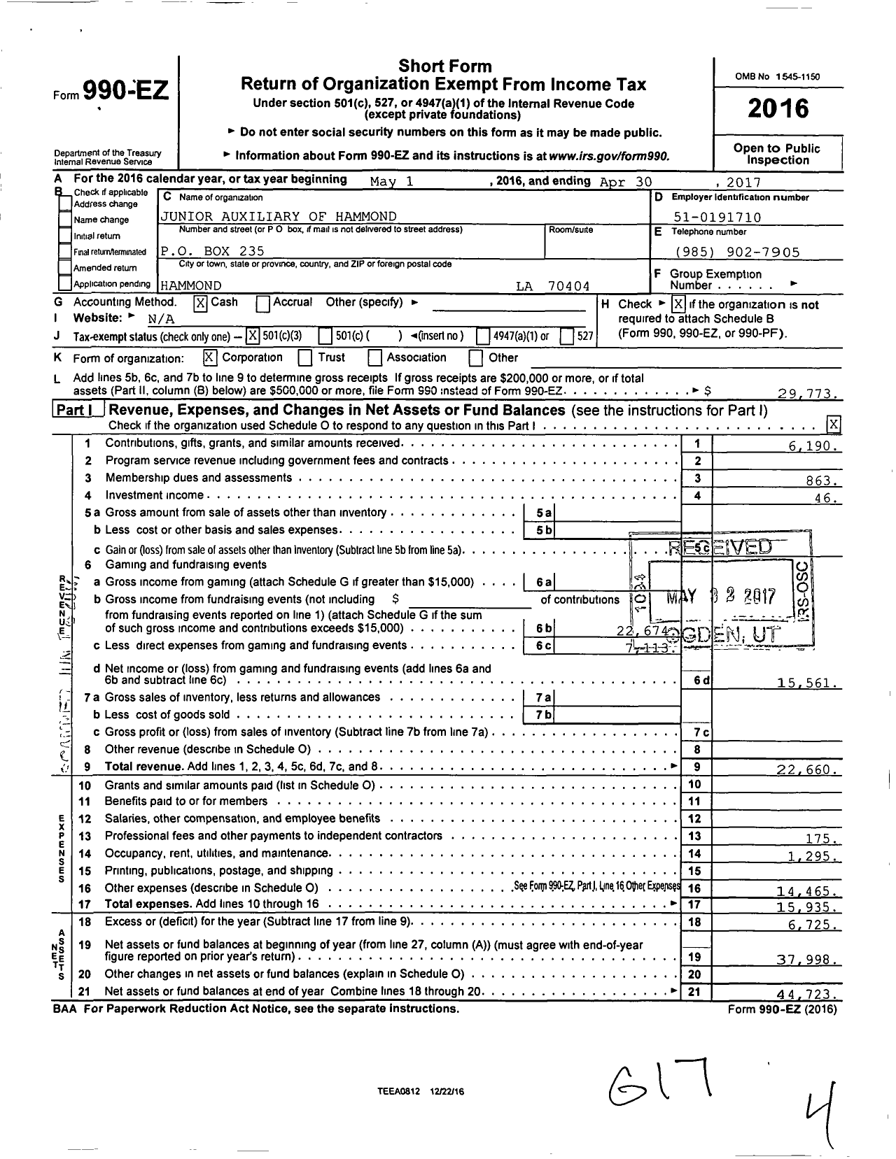 Image of first page of 2016 Form 990EZ for Junior Auxiliary of Tangipahoa