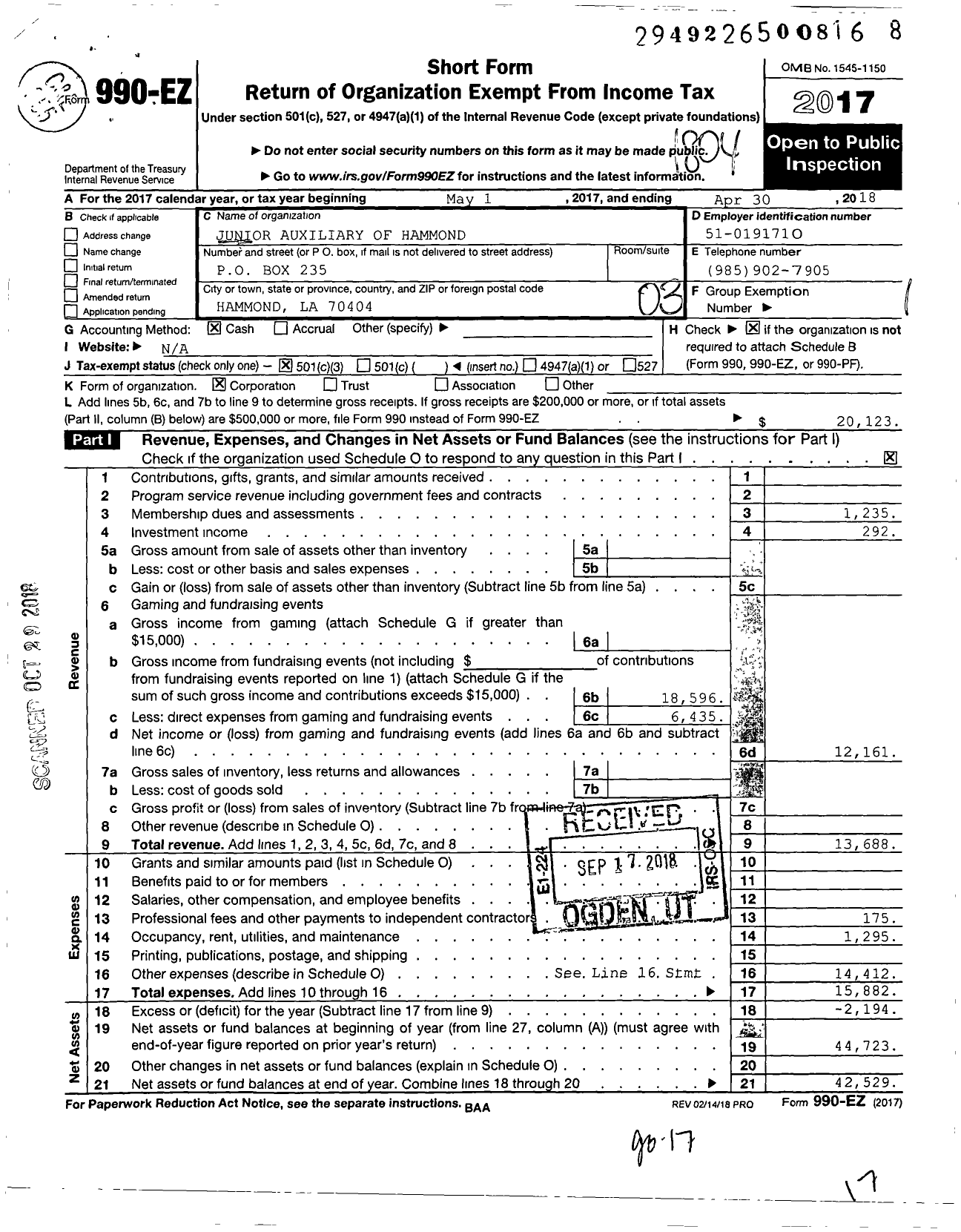 Image of first page of 2017 Form 990EZ for Junior Auxiliary of Tangipahoa