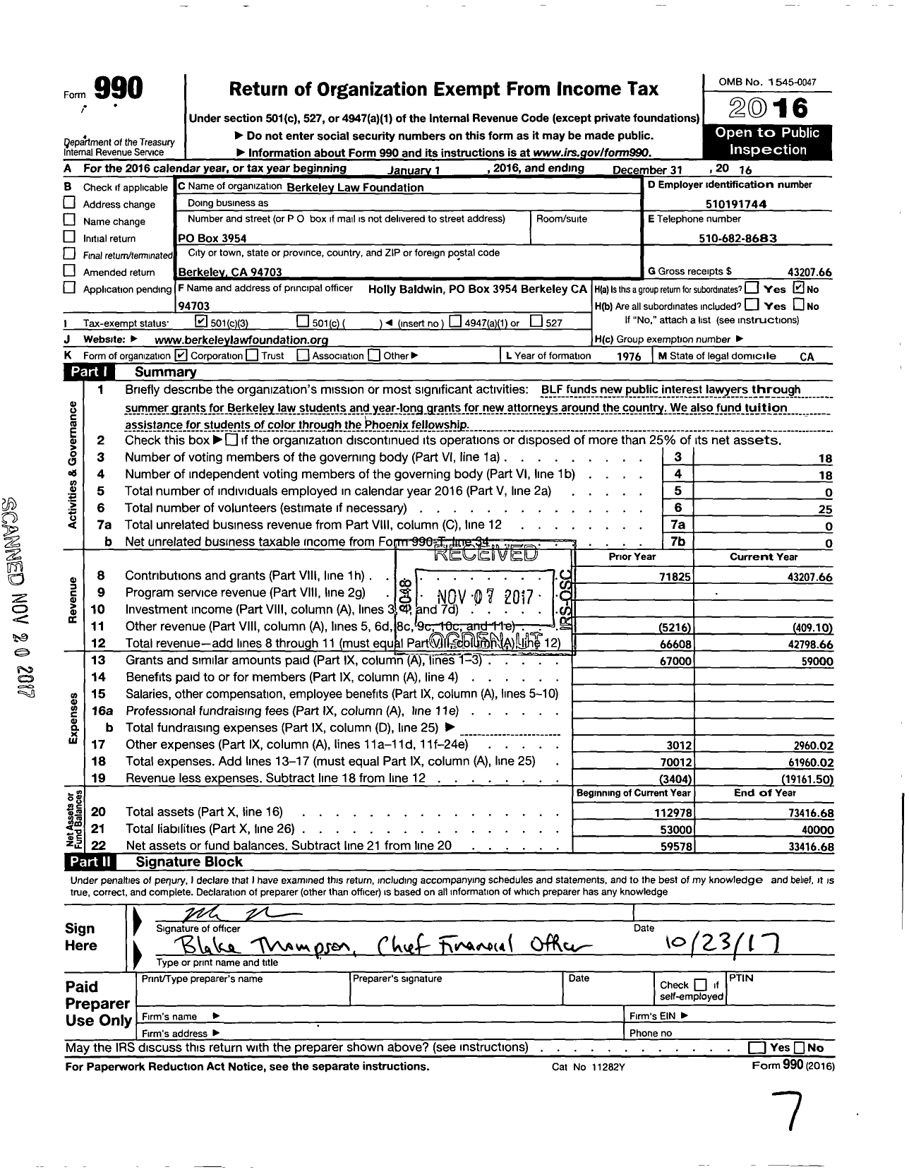 Image of first page of 2016 Form 990 for Berkeley Law Foundation