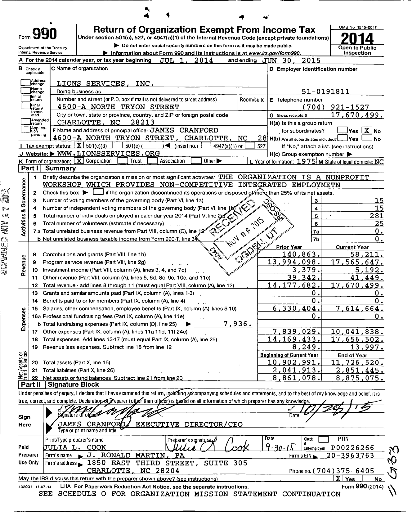 Image of first page of 2014 Form 990 for Lions Services